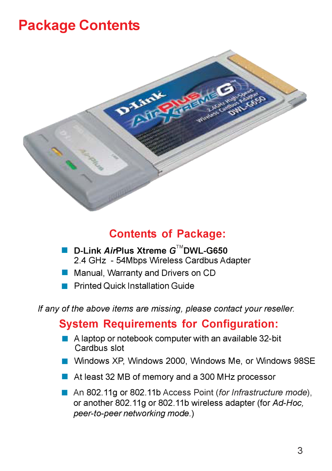 D-Link DWL-G650 manual Package Contents 