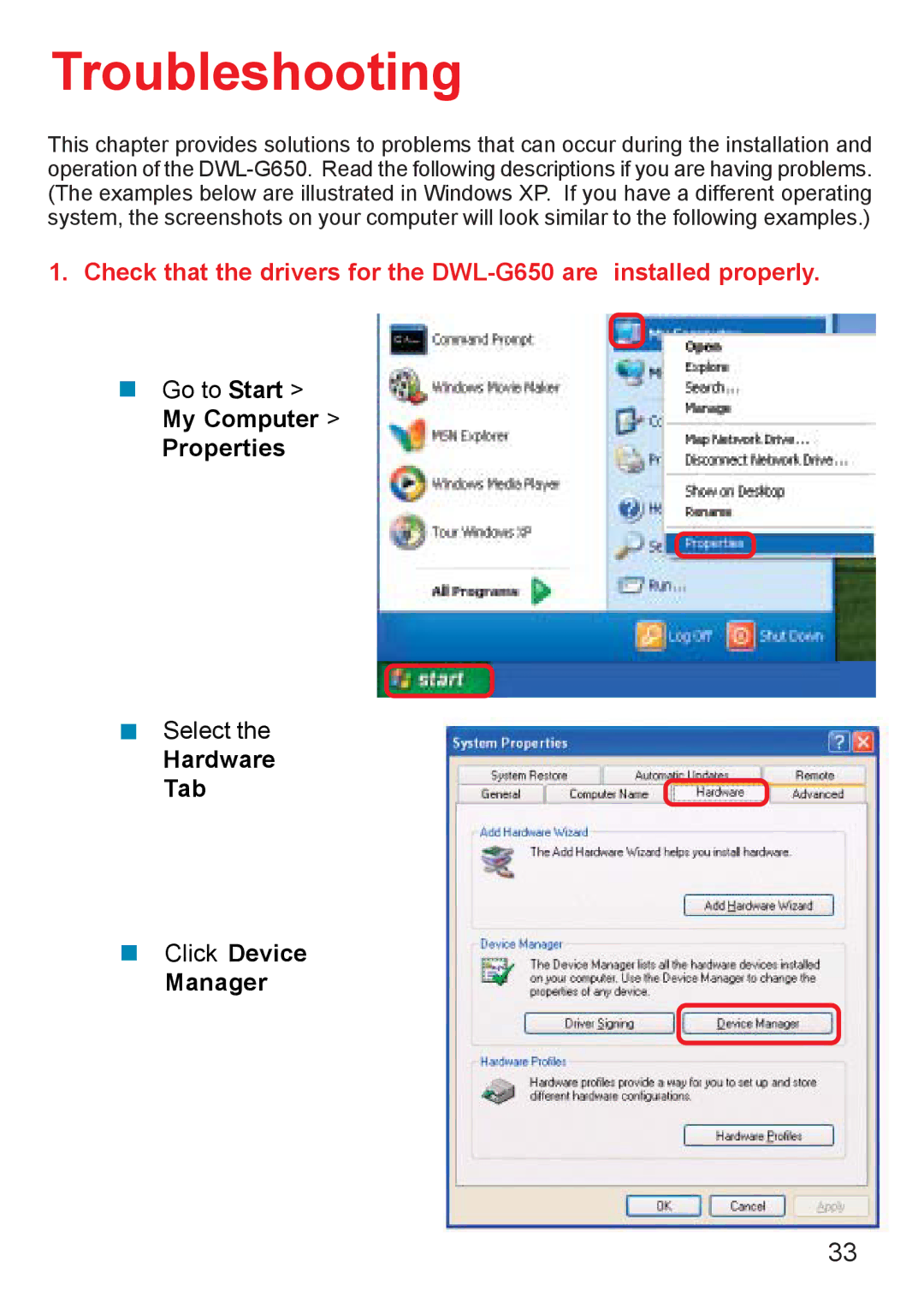 D-Link DWL-G650 manual Troubleshooting, Properties, Hardware Tab, Manager 