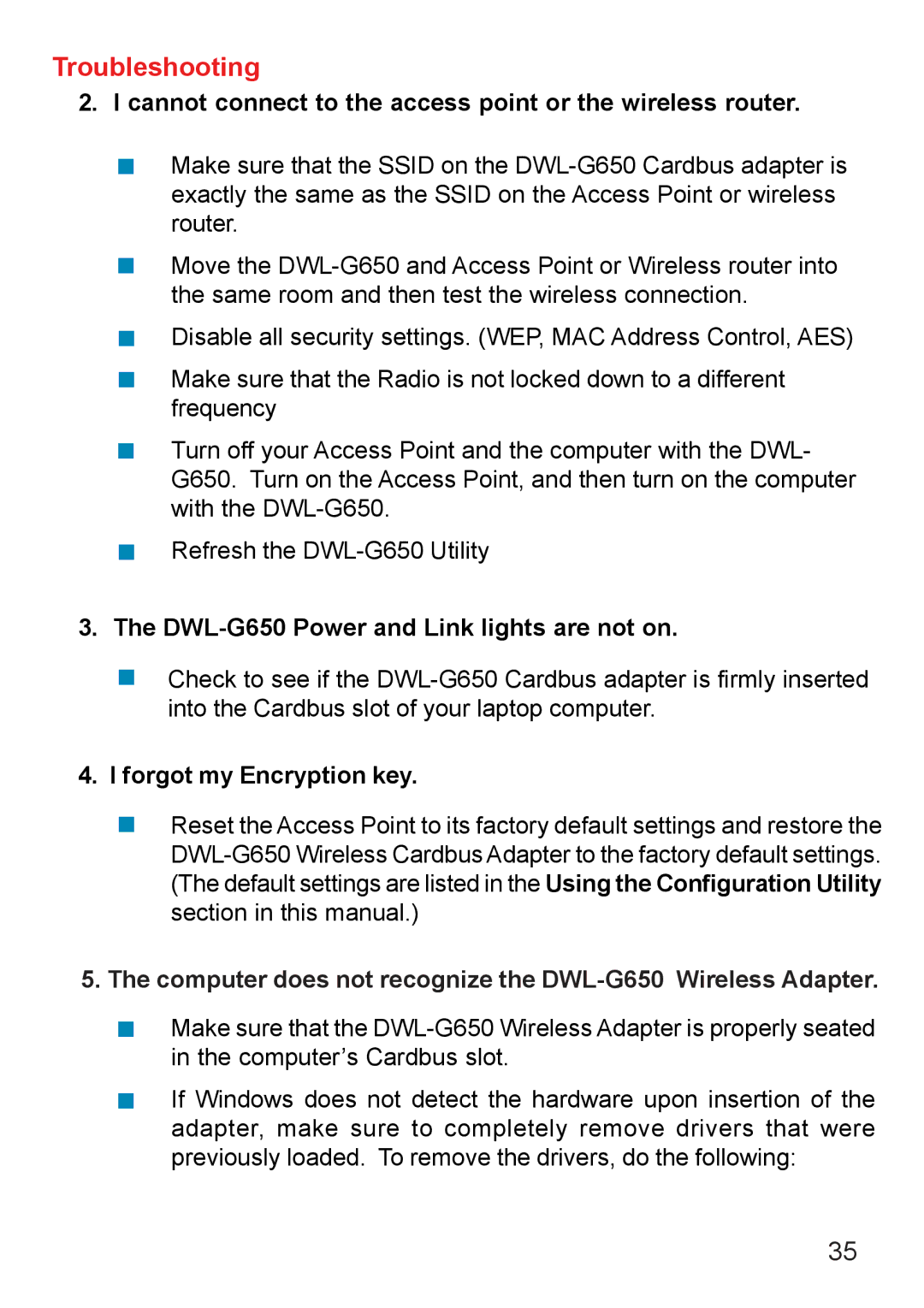 D-Link manual Cannot connect to the access point or the wireless router, DWL-G650 Power and Link lights are not on 