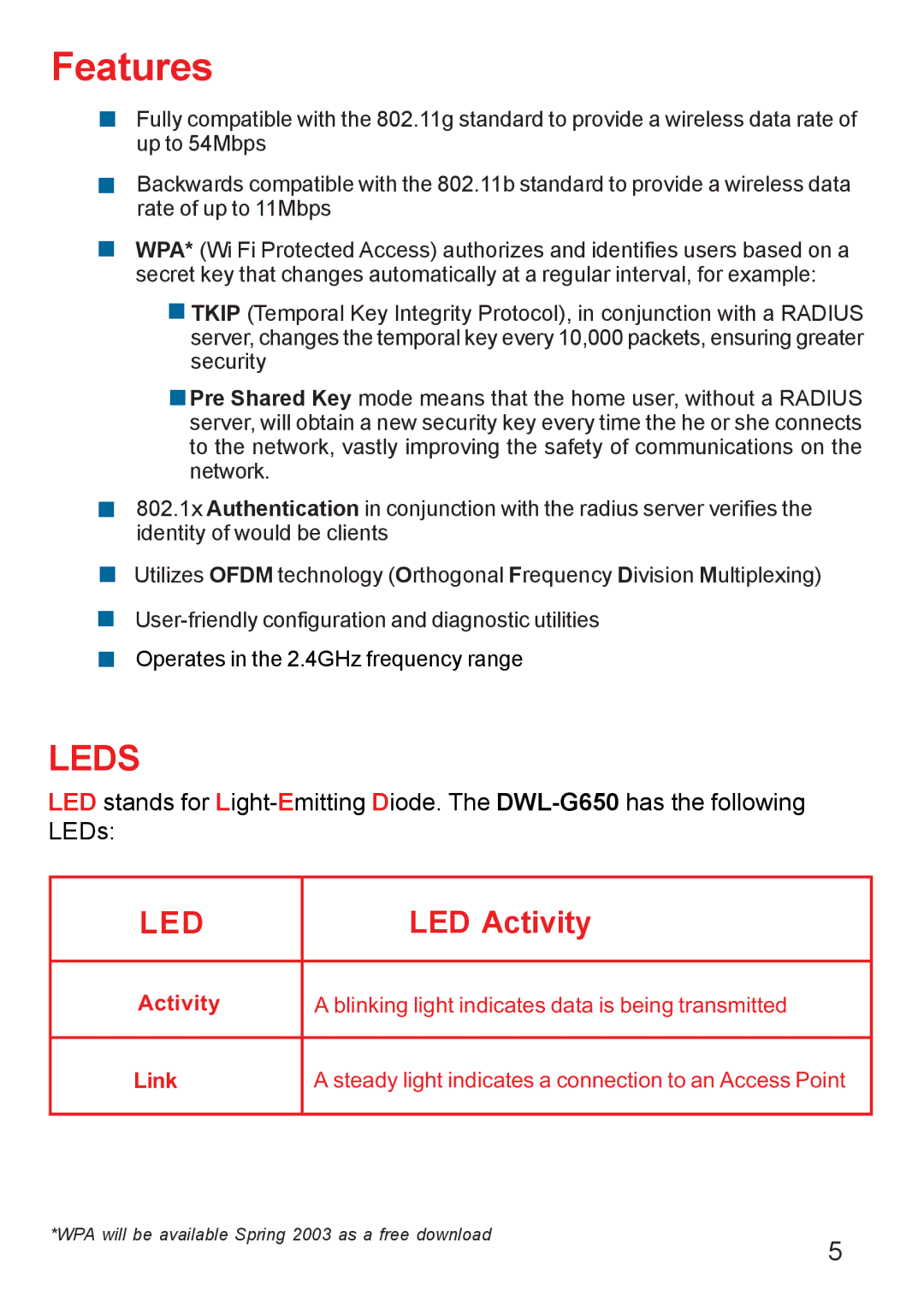 D-Link DWL-G650 manual Features 