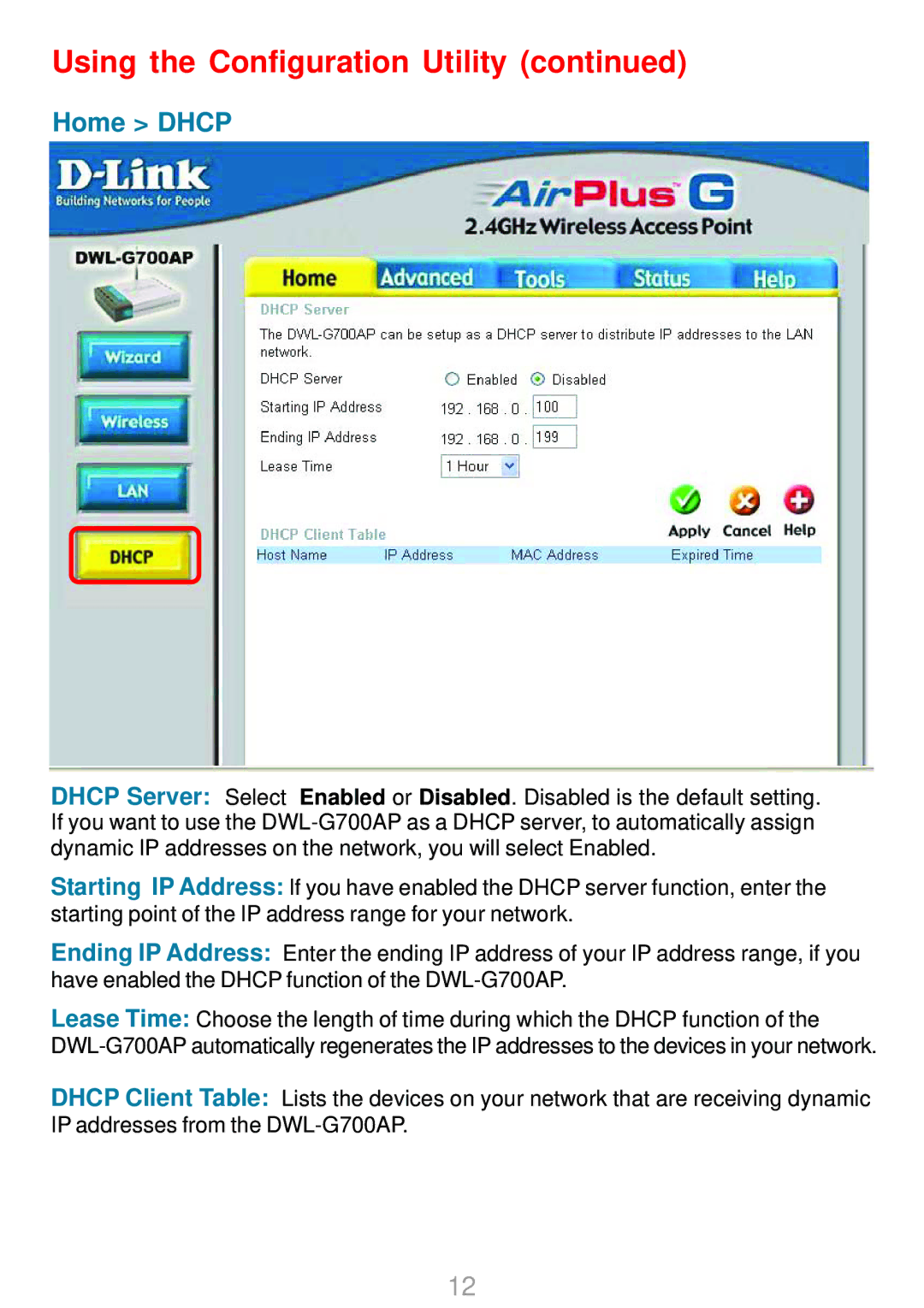 D-Link DWL-G700AP manual Home Dhcp 