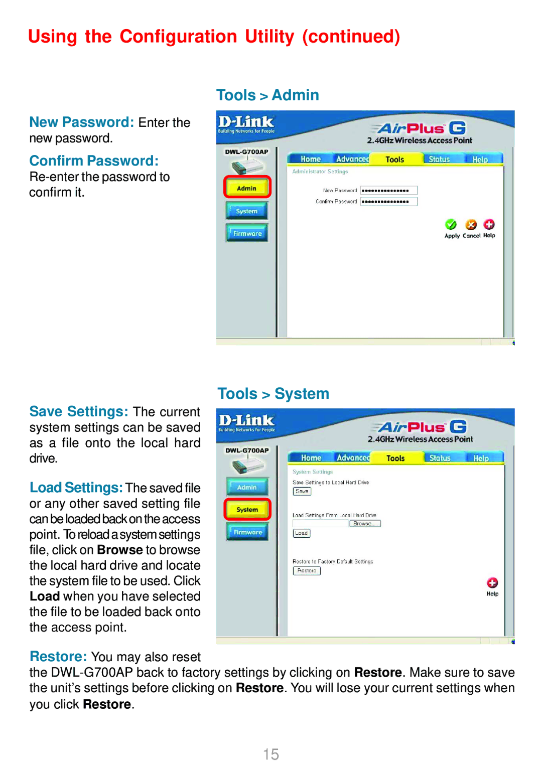 D-Link DWL-G700AP manual Tools Admin, Tools System 