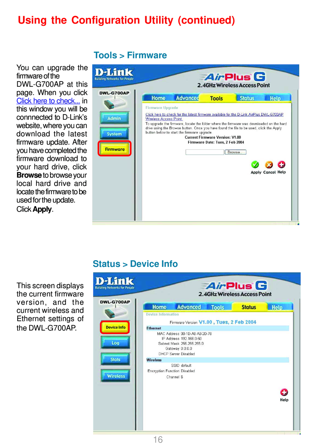 D-Link DWL-G700AP manual Tools Firmware, Status Device Info 