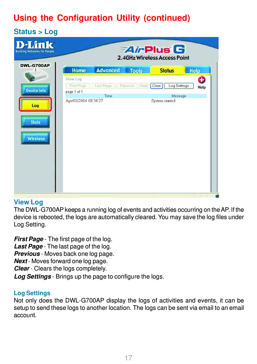 D-Link DWL-G700AP manual Status Log, View Log 