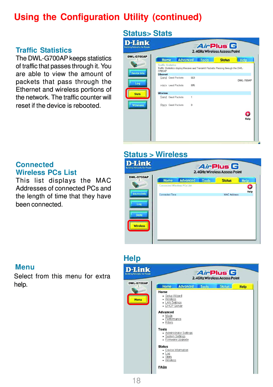 D-Link DWL-G700AP manual Status Stats, Status Wireless, Help 