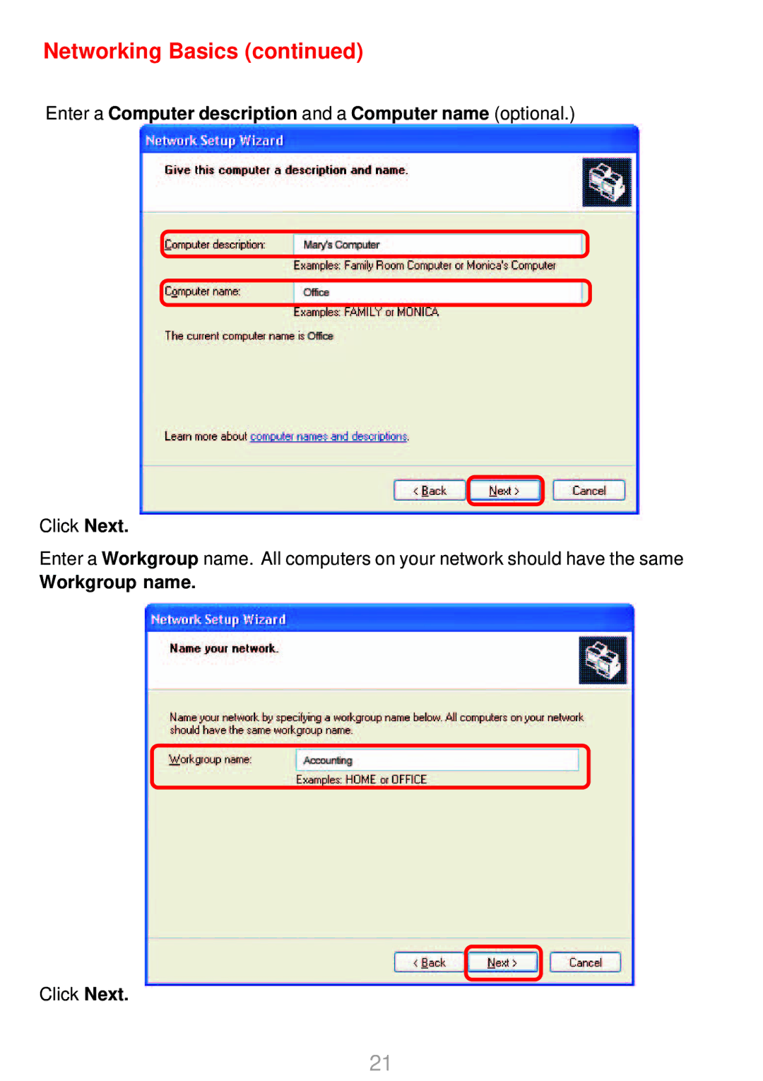 D-Link DWL-G700AP manual Enter a Computer description and a Computer name optional, Workgroup name 