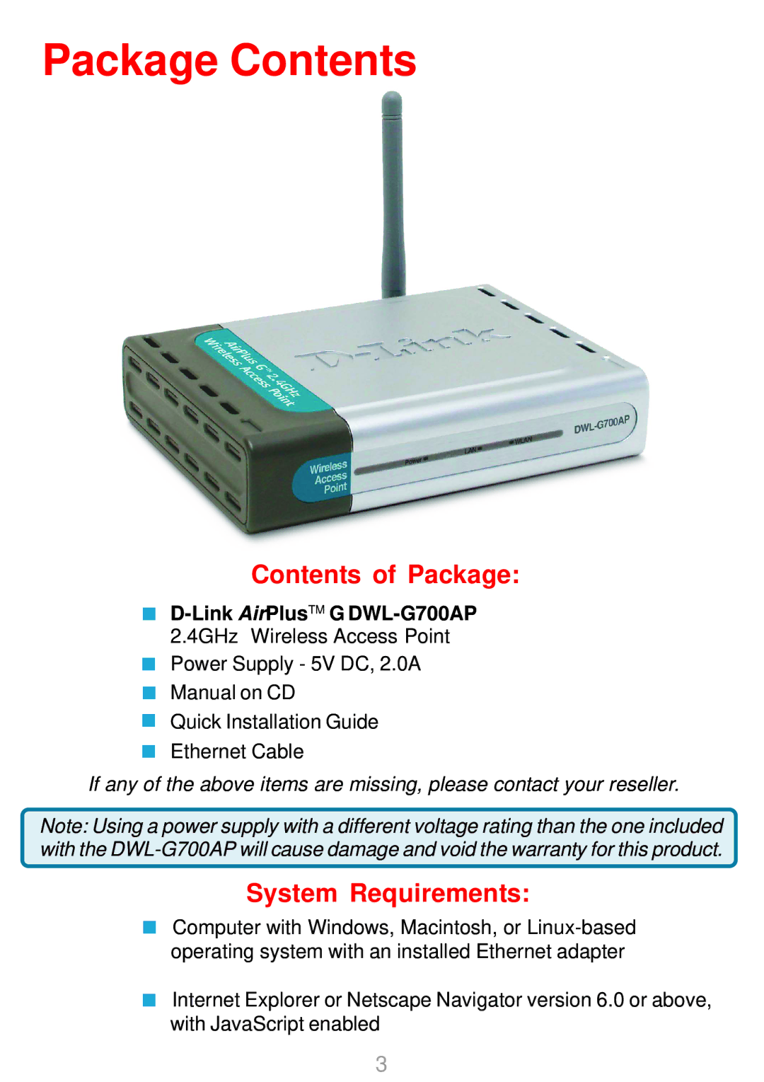 D-Link DWL-G700AP manual Package Contents 