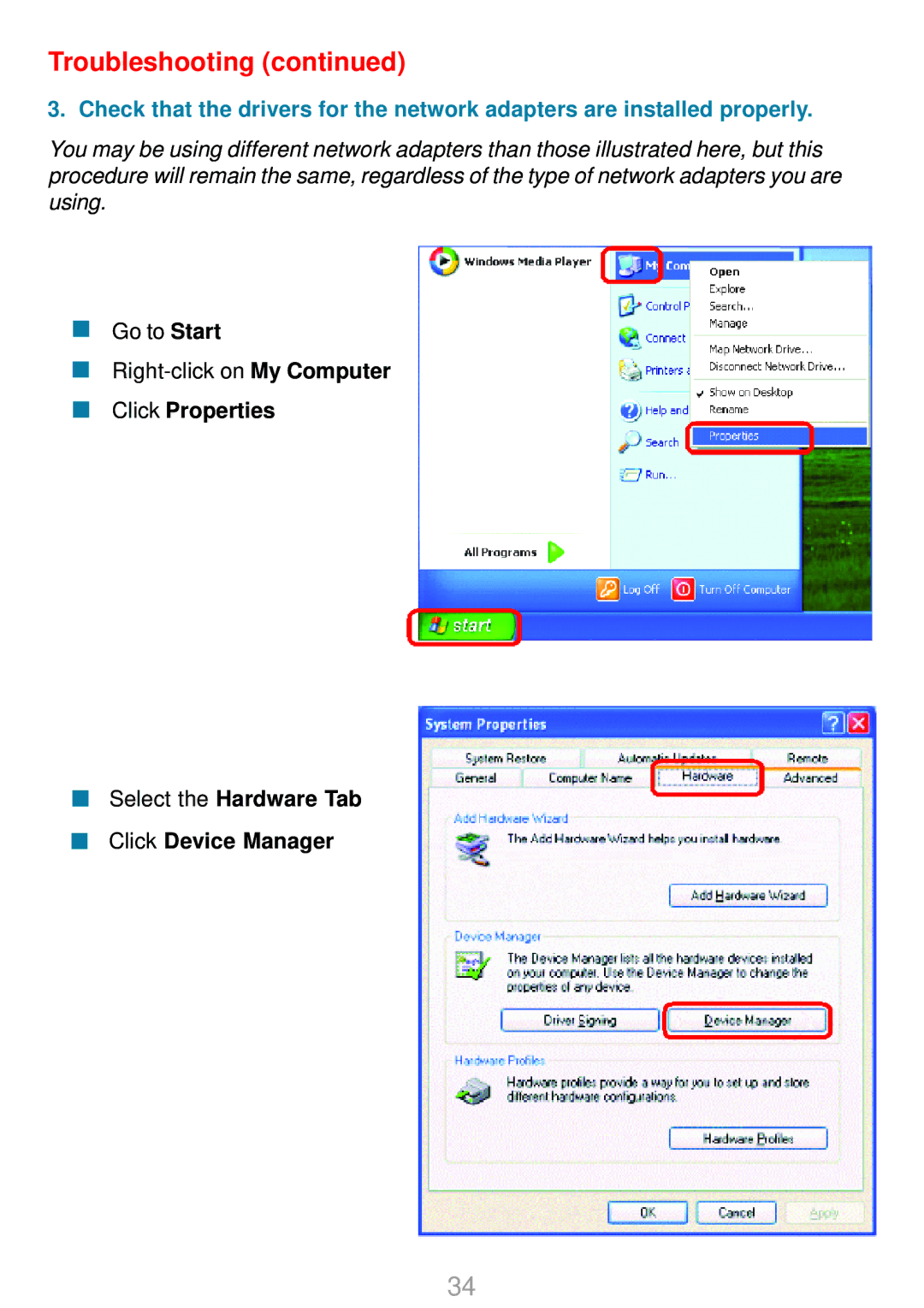 D-Link DWL-G700AP manual Go to Start Right-click on My Computer 