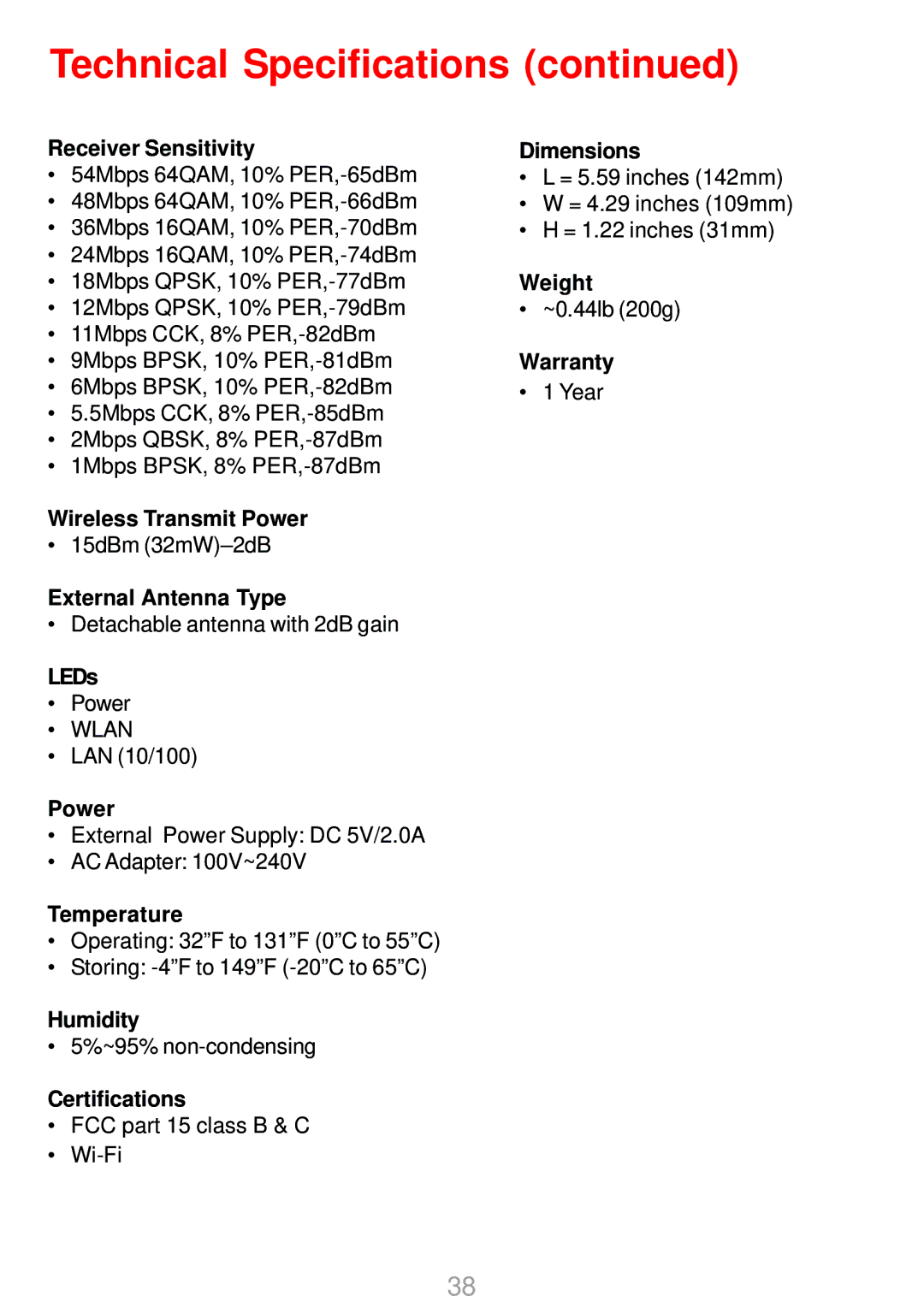 D-Link DWL-G700AP manual Receiver Sensitivity, Wireless Transmit Power, External Antenna Type, LEDs, Temperature, Humidity 