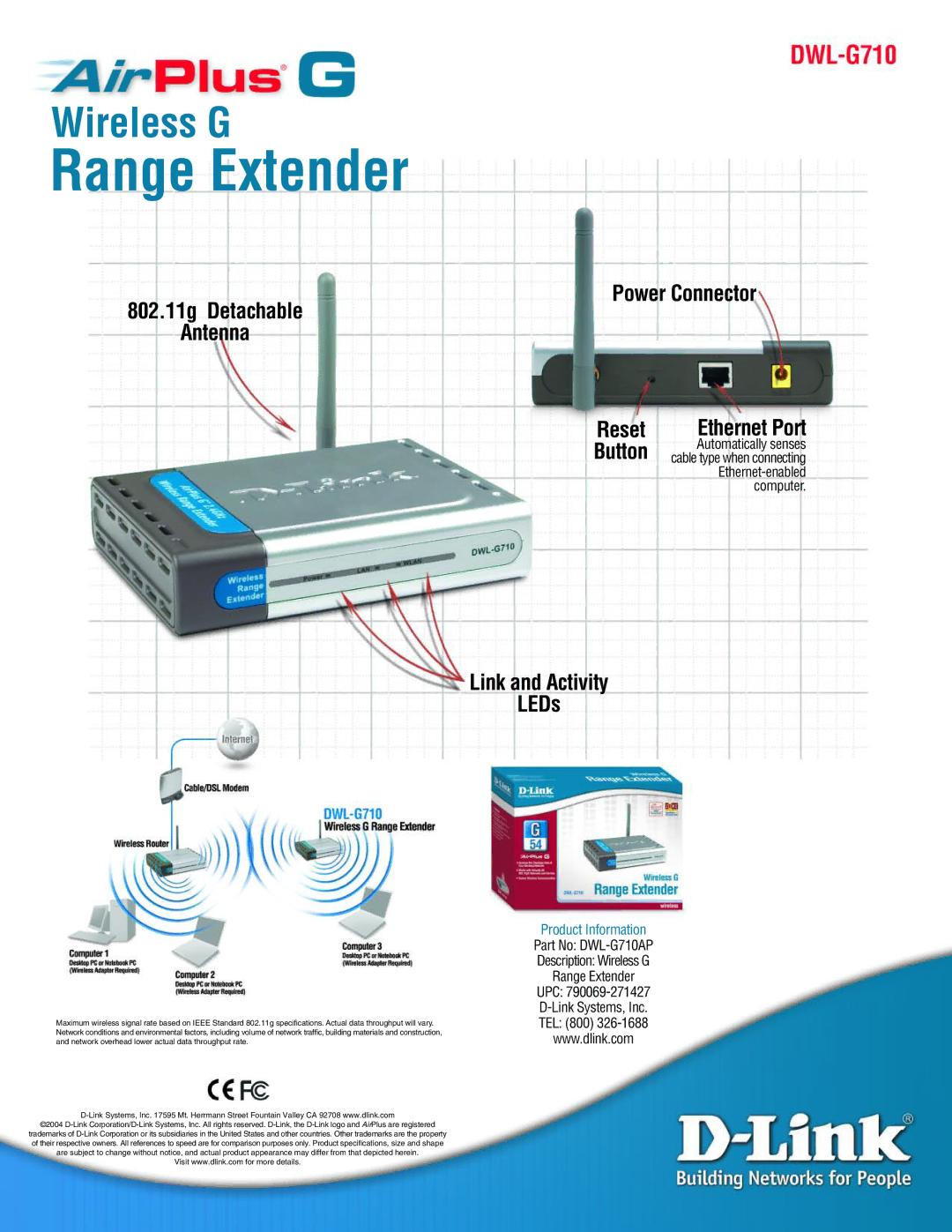 D-Link DWL-G710 manual Range Extender, 802.11g Detachable Antenna Power Connector, Link and Activity LEDs 