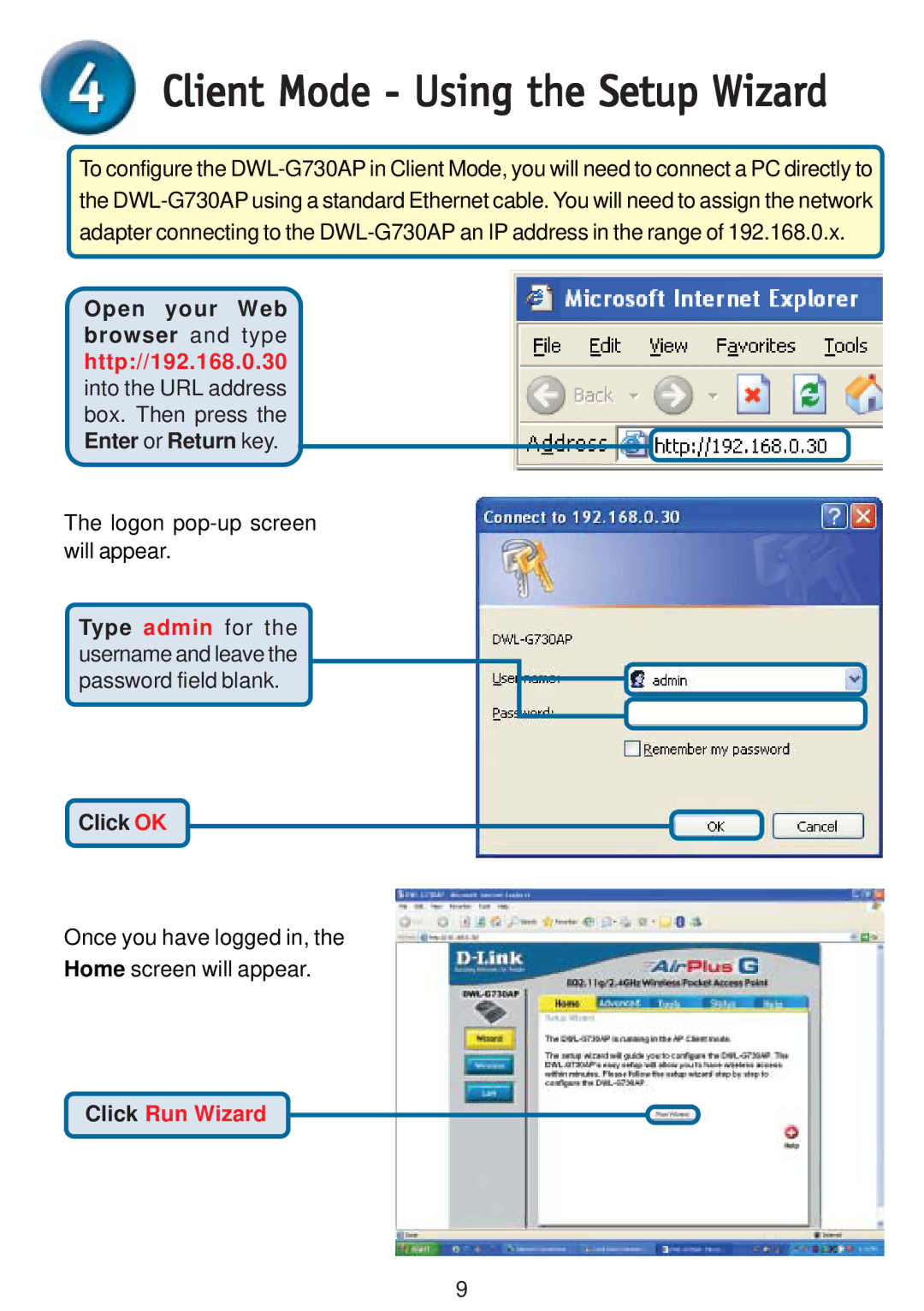 D-Link DWL-G730AP warranty Client Mode Using the Setup Wizard 