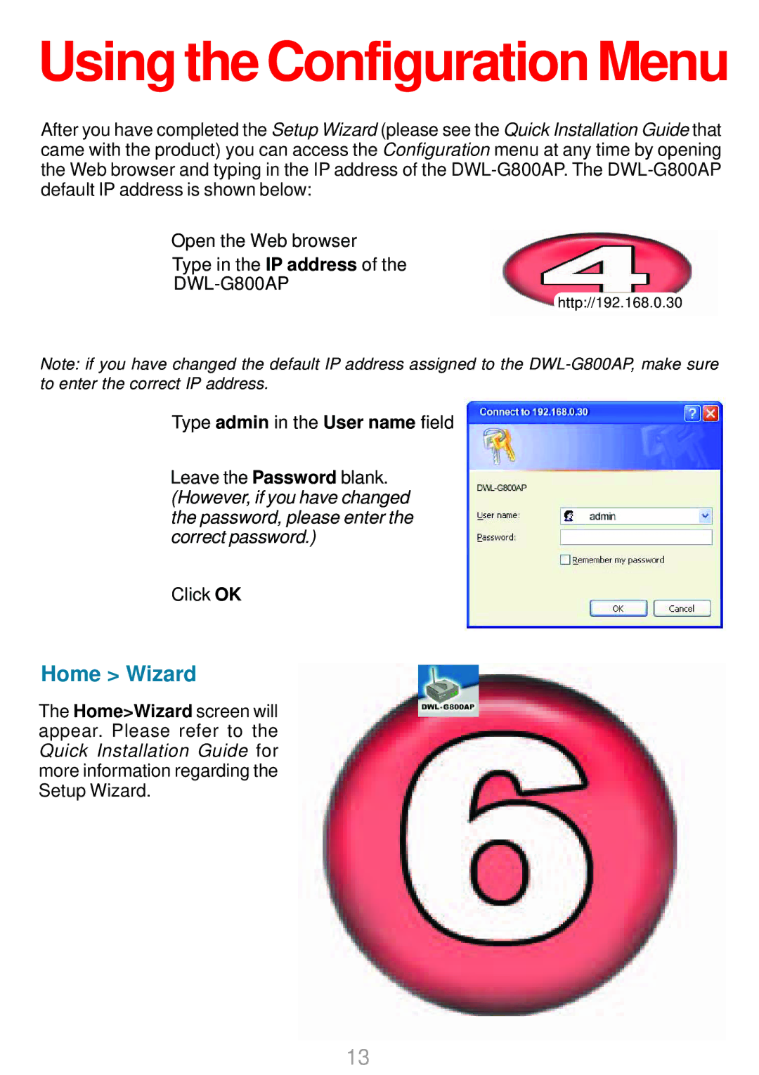 D-Link DWL-G800AP manual Using the Configuration Menu, Home Wizard 