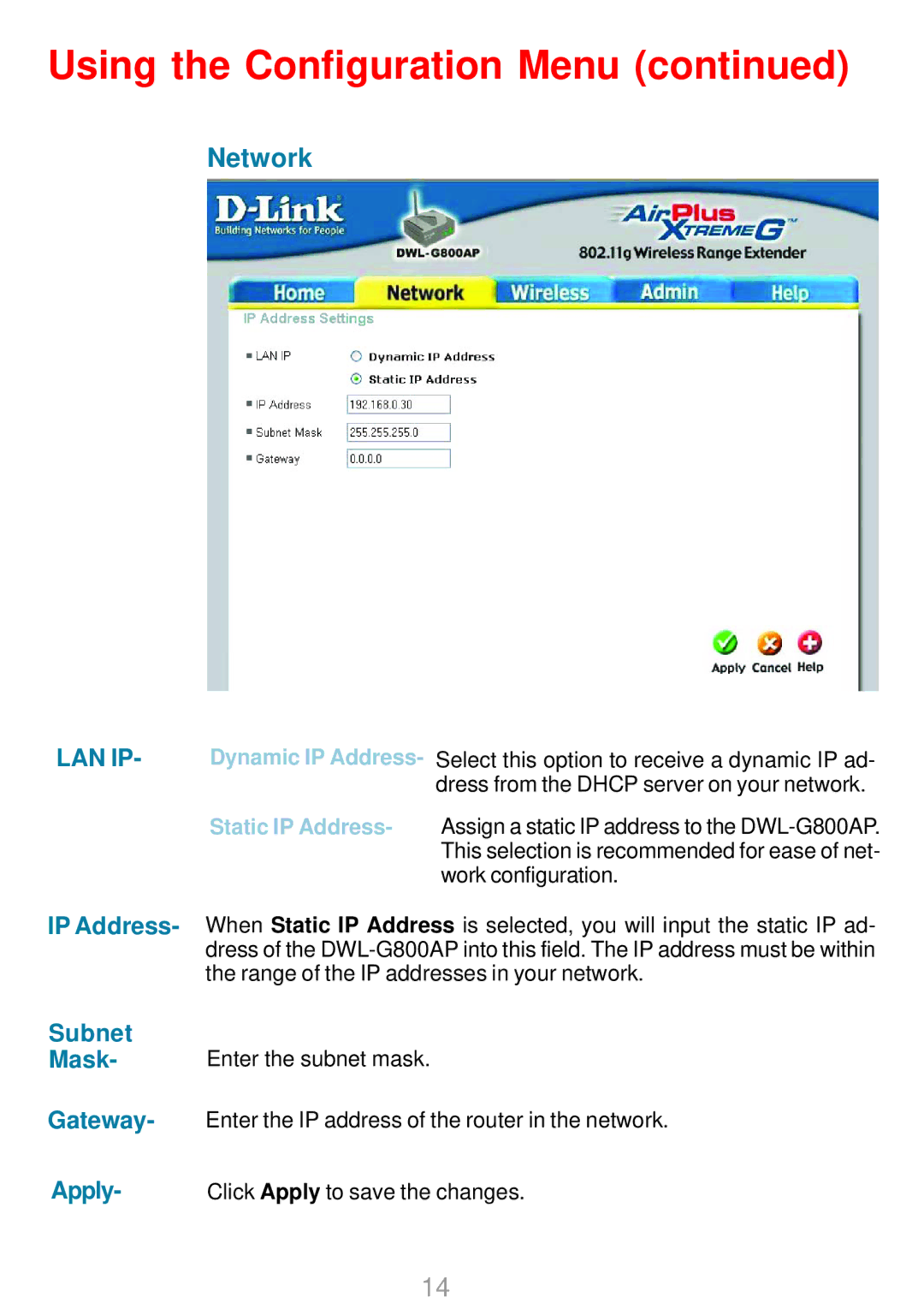 D-Link DWL-G800AP manual Using the Configuration Menu, Network 