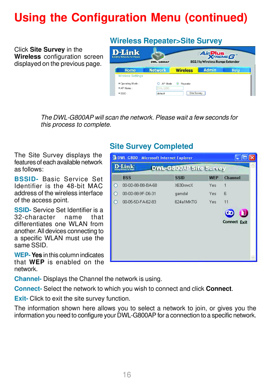 D-Link DWL-G800AP manual Wireless RepeaterSite Survey, Site Survey Completed 