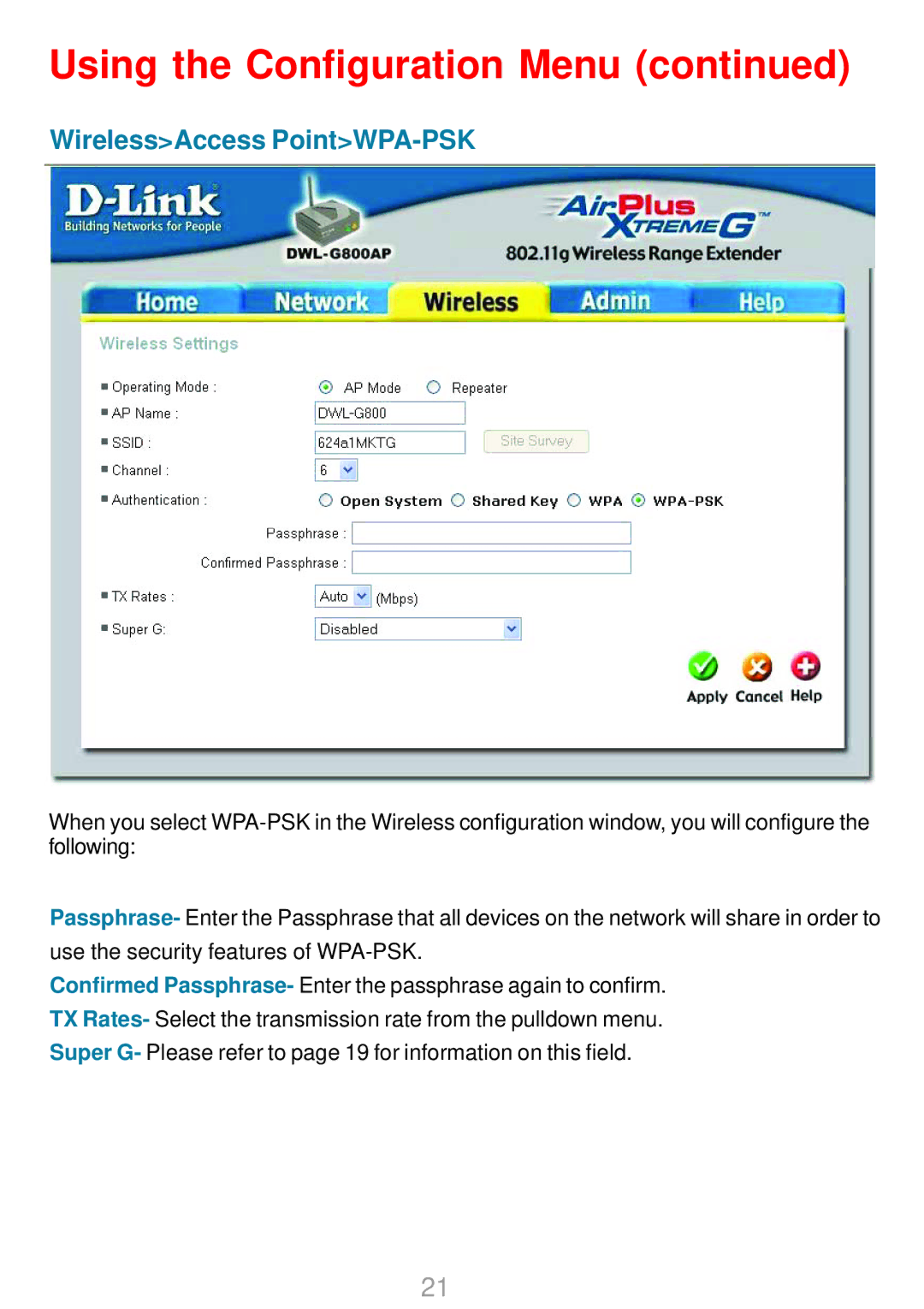 D-Link DWL-G800AP manual WirelessAccess PointWPA-PSK 