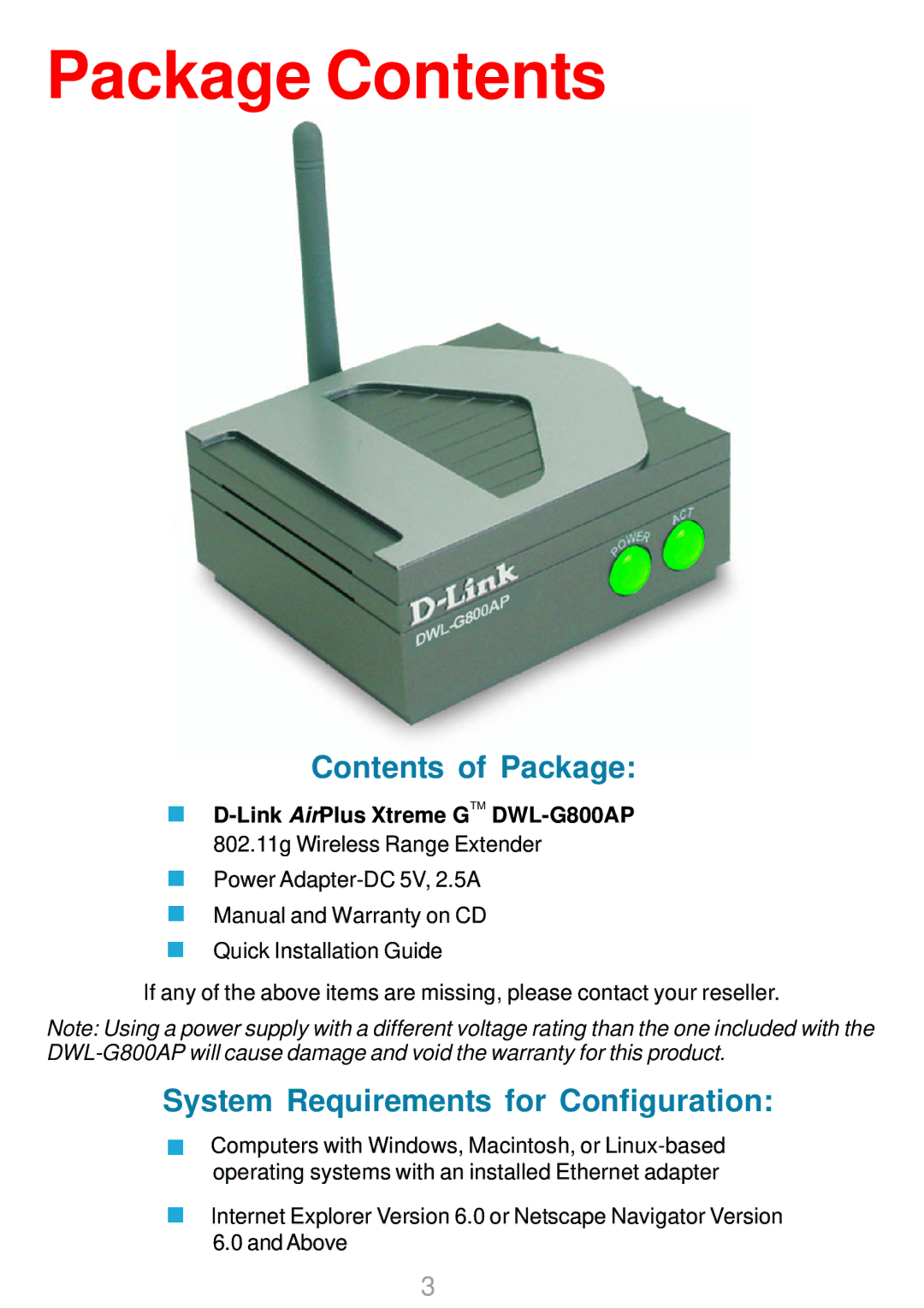 D-Link DWL-G800AP manual Package Contents 