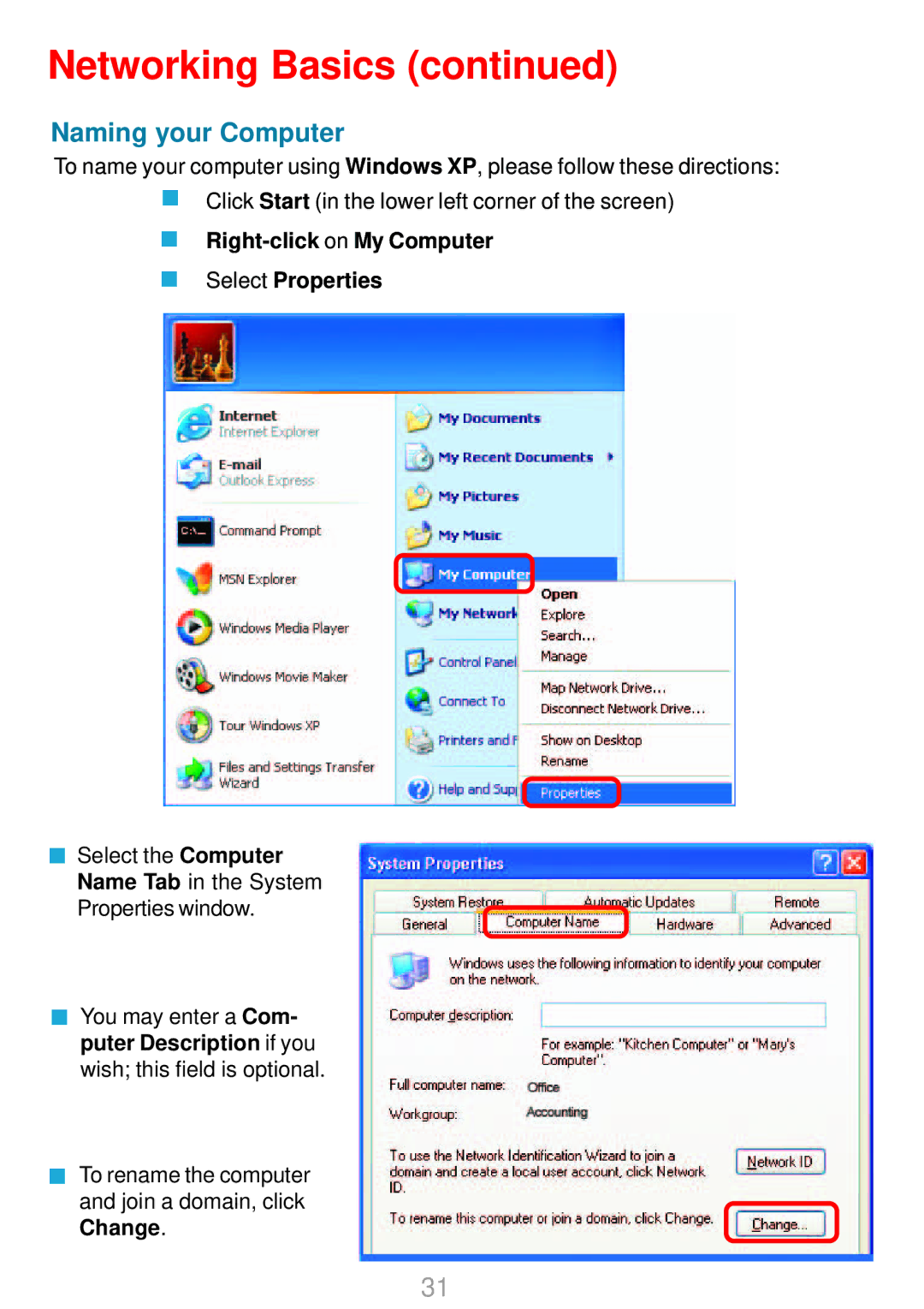 D-Link DWL-G800AP manual Naming your Computer, Right-click on My Computer Select Properties 