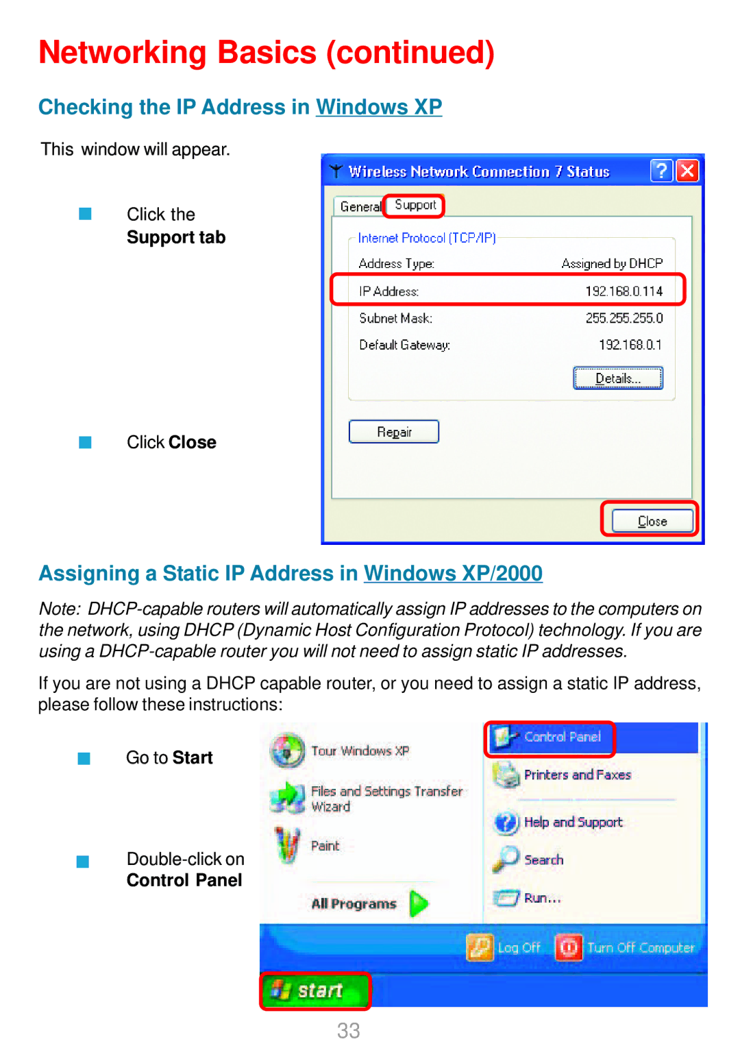 D-Link DWL-G800AP manual Assigning a Static IP Address in Windows XP/2000 