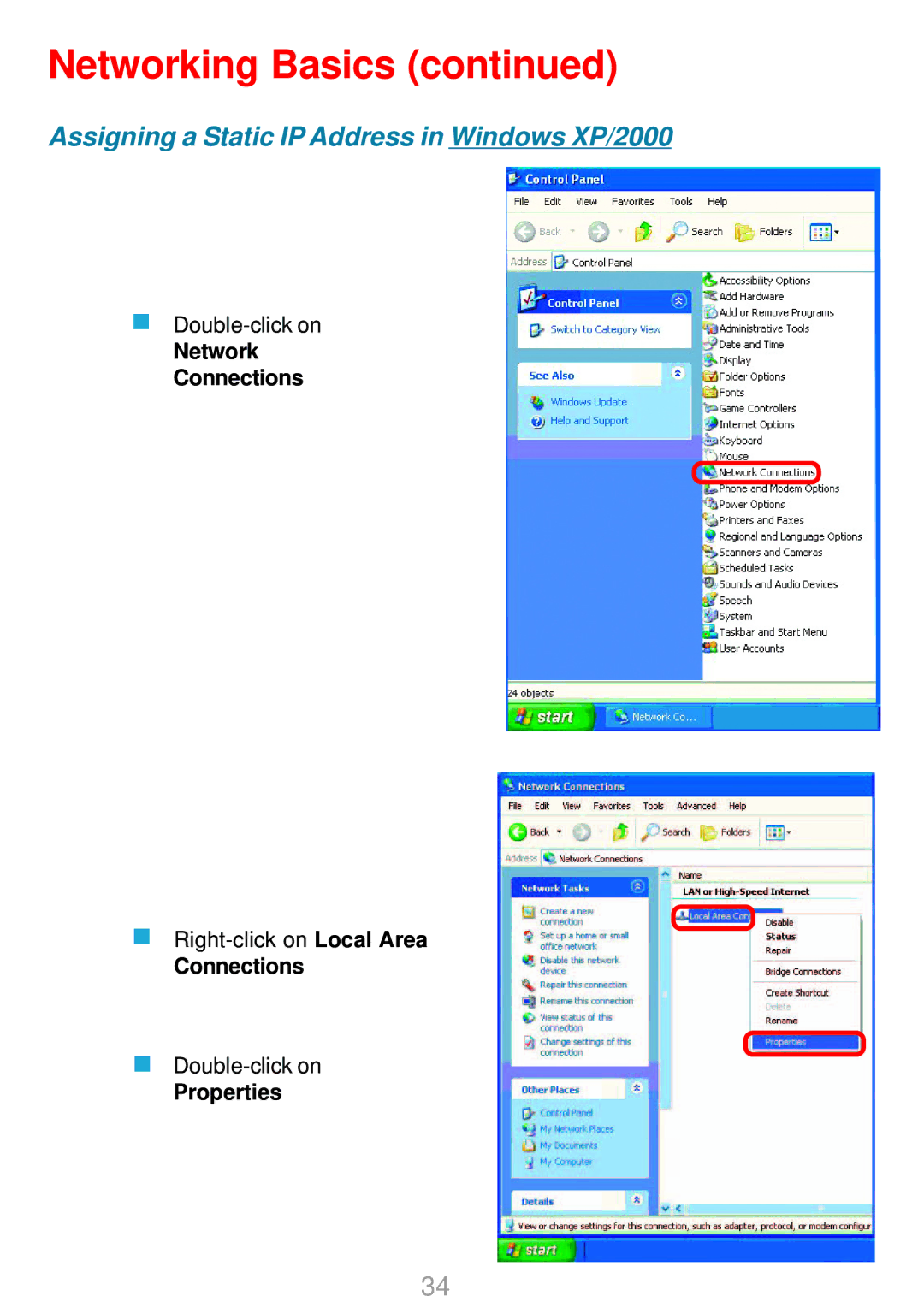 D-Link DWL-G800AP manual Assigning a Static IP Address in Windows XP/2000 