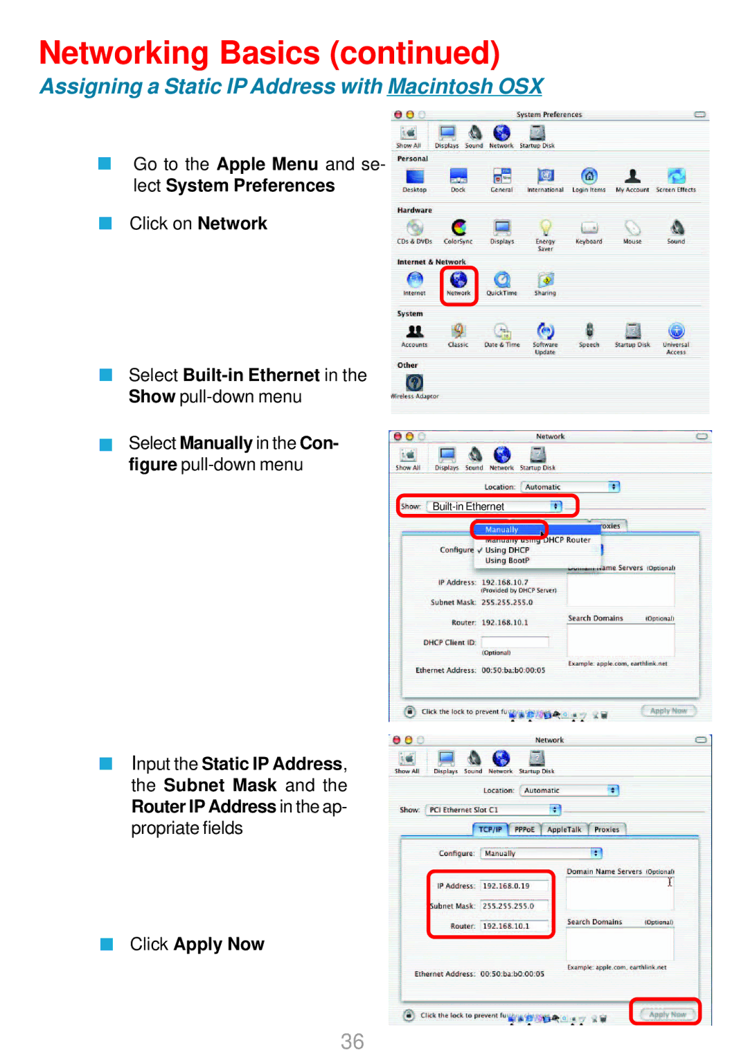 D-Link DWL-G800AP manual Assigning a Static IP Address with Macintosh OSX 