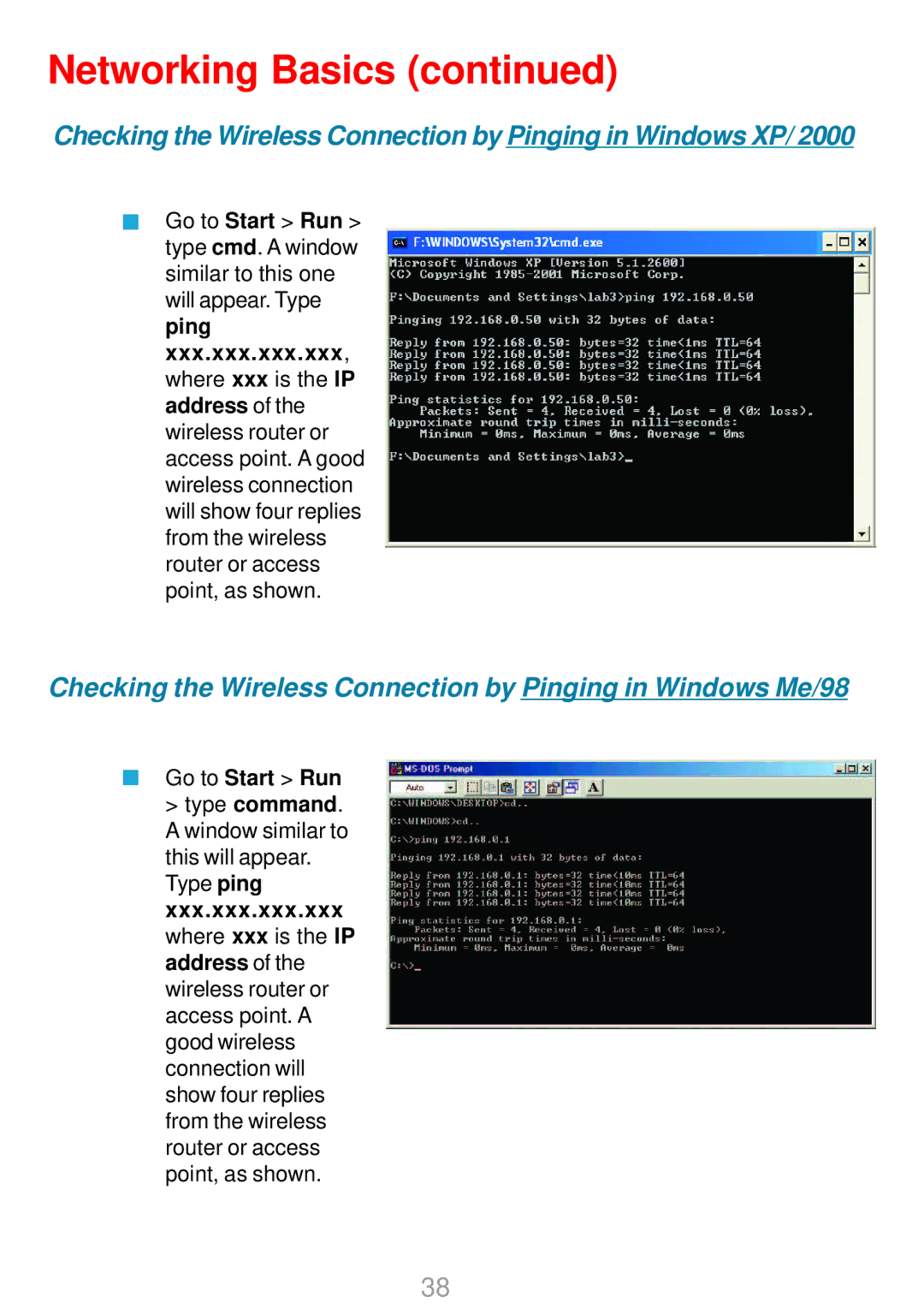 D-Link DWL-G800AP manual Checking the Wireless Connection by Pinging in Windows Me/98 