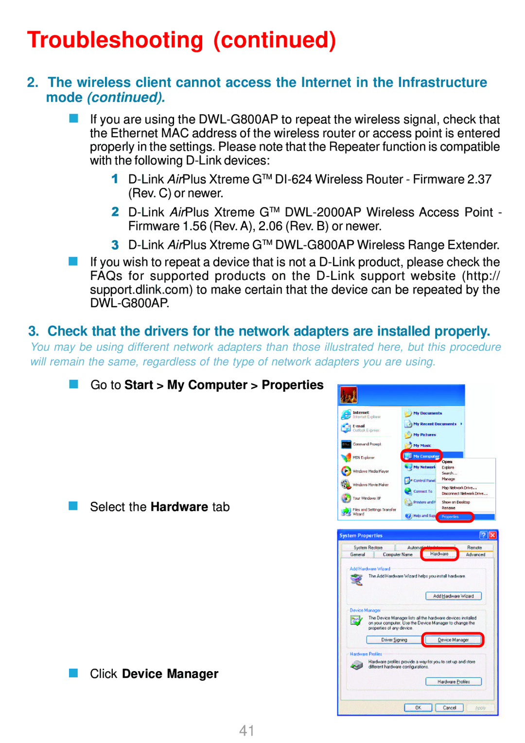 D-Link DWL-G800AP manual Go to Start My Computer Properties 