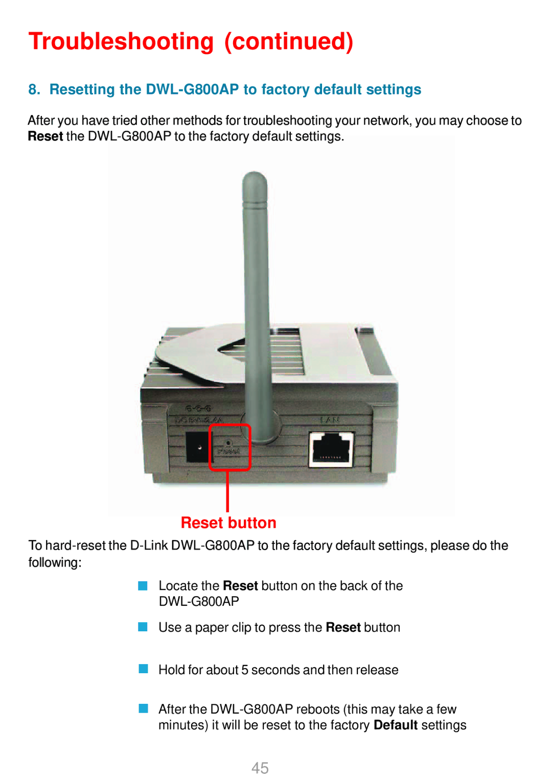 D-Link DWL-G800AP manual Reset button 