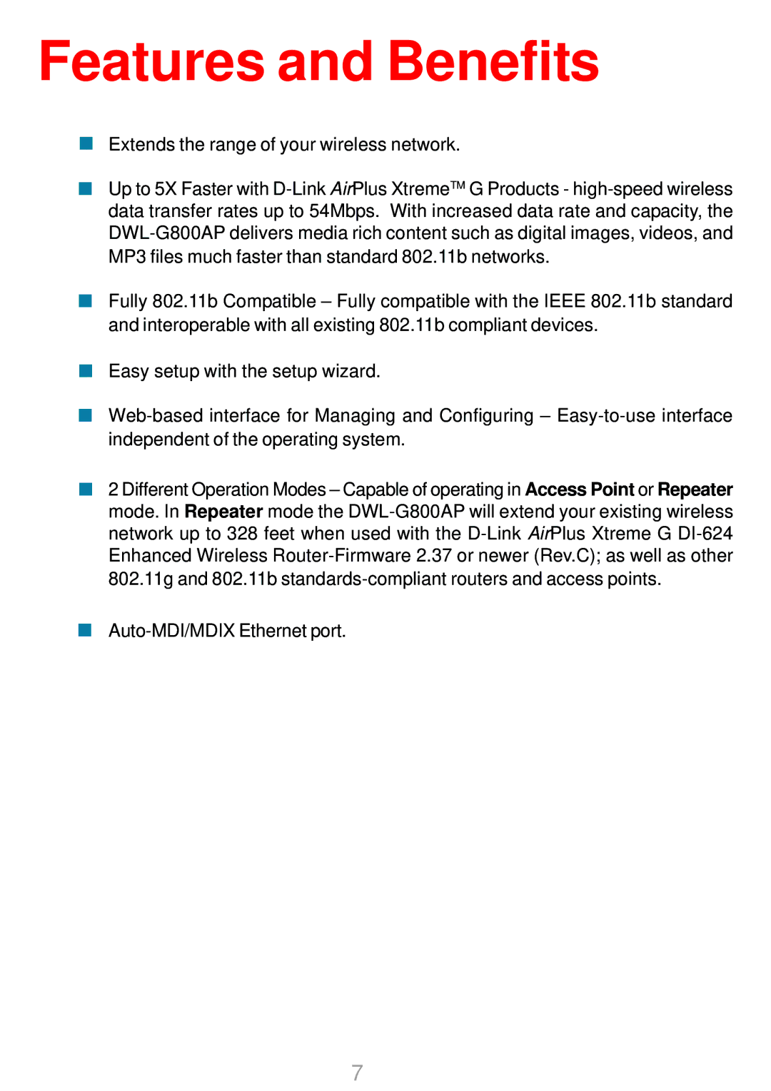 D-Link DWL-G800AP manual Features and Benefits 