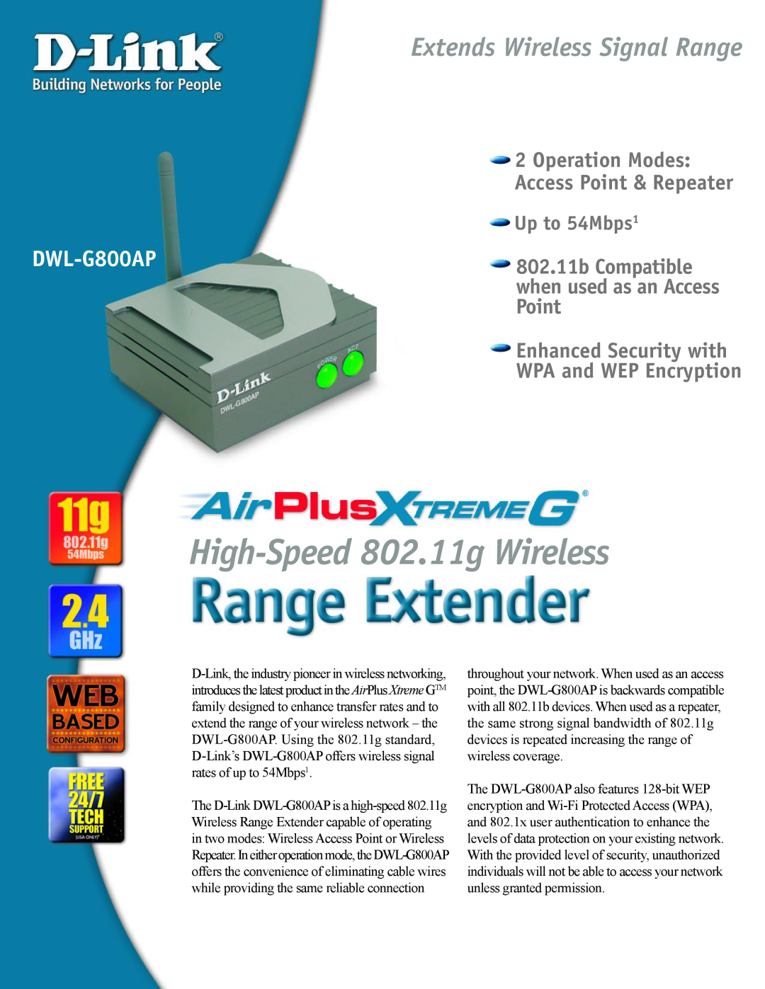 D-Link DWL-G800AP manual High-Speed 802.11g Wireless, Extends Wireless Signal Range, Operation Modes, 802.11b Compatible 