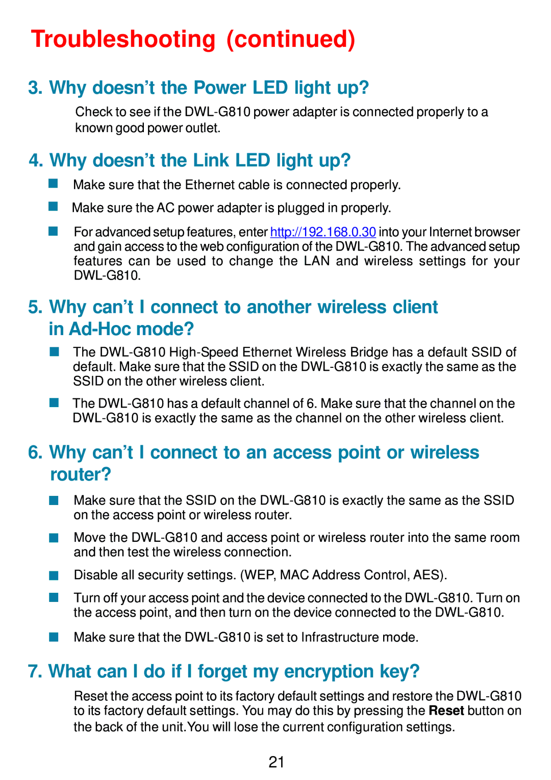 D-Link DWL-G810 manual Why doesn’t the Power LED light up?, Why doesn’t the Link LED light up? 