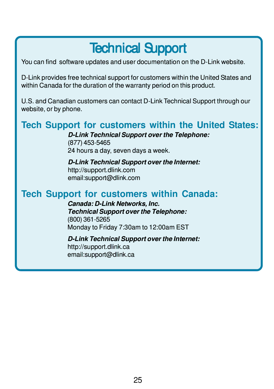 D-Link DWL-G810 manual Tech Support for customers within the United States, Tech Support for customers within Canada 