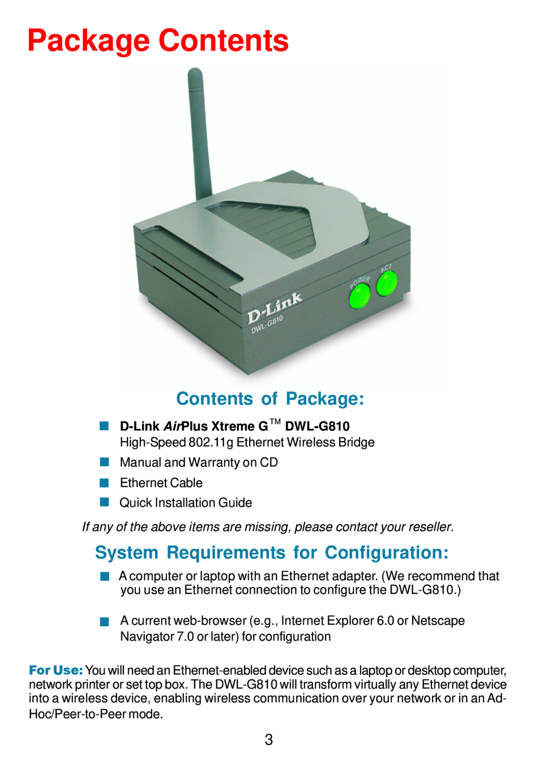 D-Link DWL-G810 manual Package Contents 