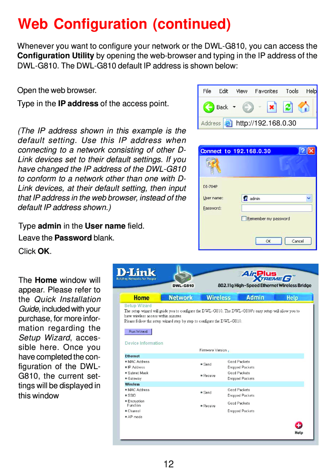 D-Link DWL-G810 manual Web Configuration 