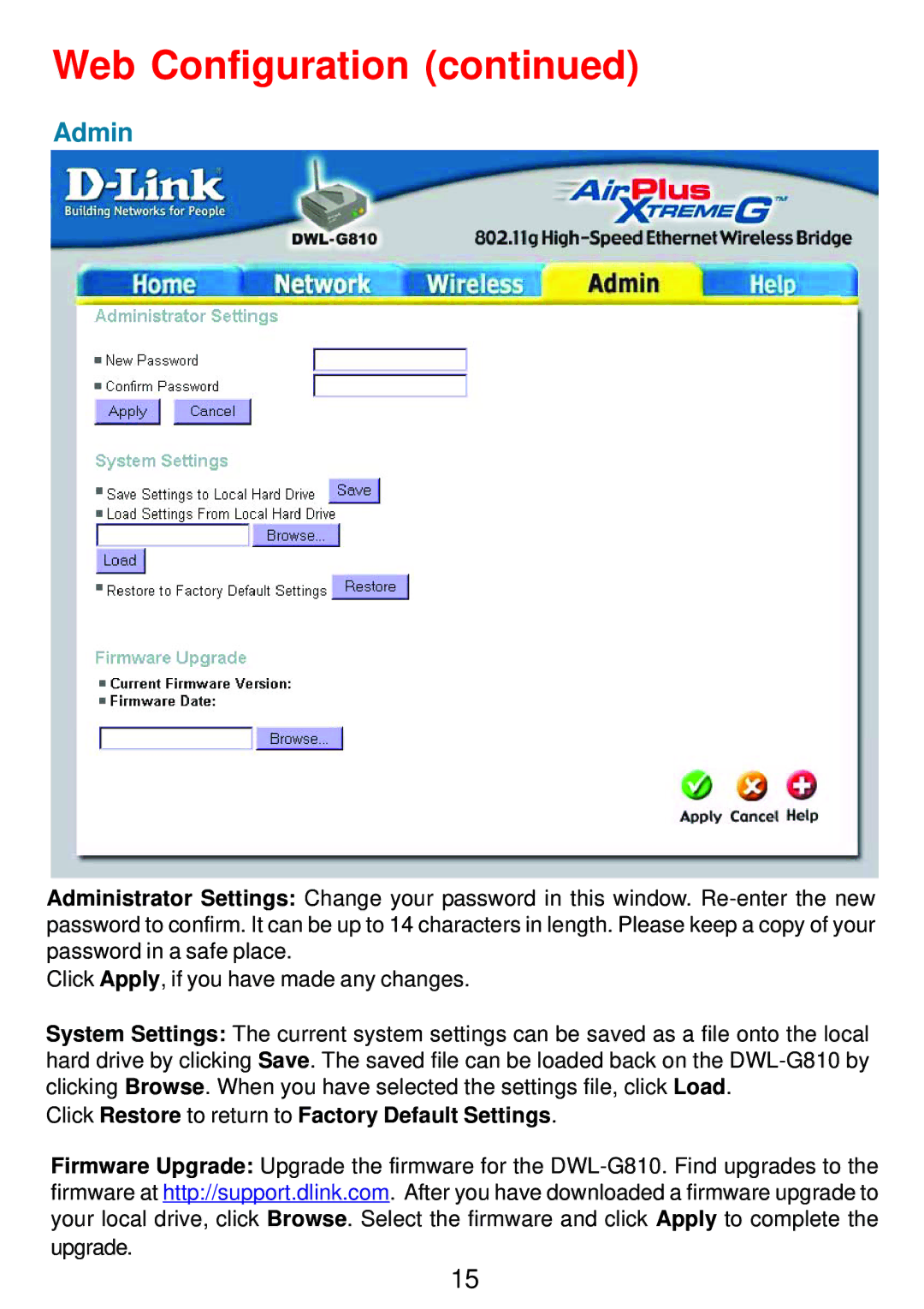 D-Link DWL-G810 manual Admin, Click Restore to return to Factory Default Settings 