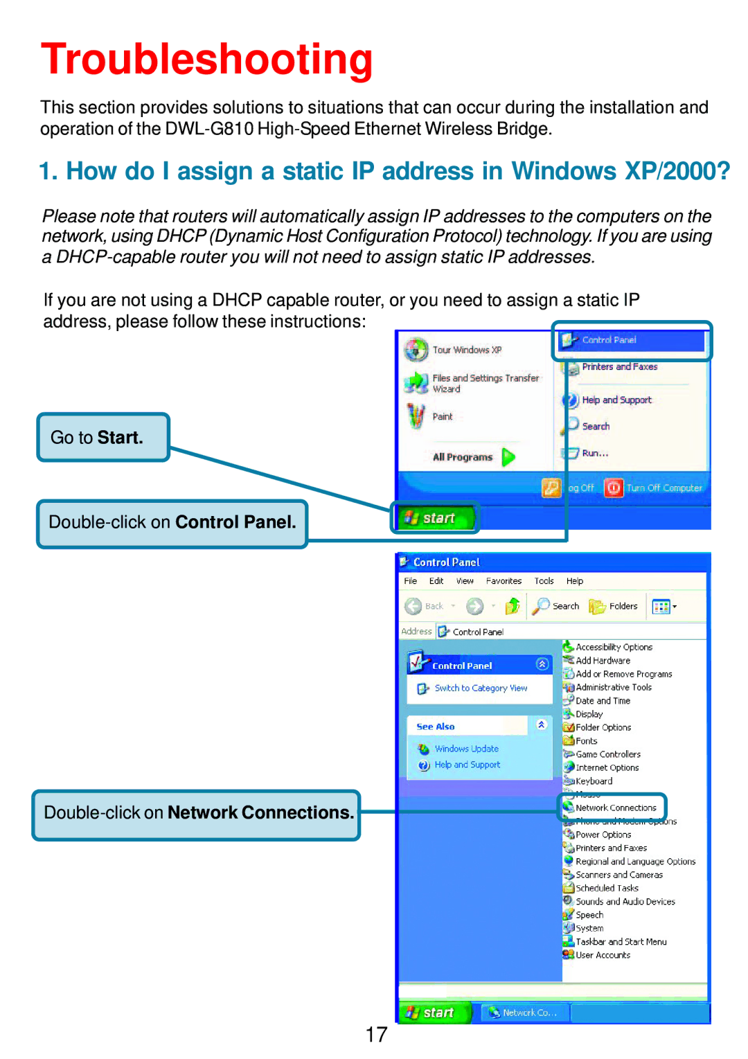 D-Link DWL-G810 manual Troubleshooting, Double-click on Network Connections 