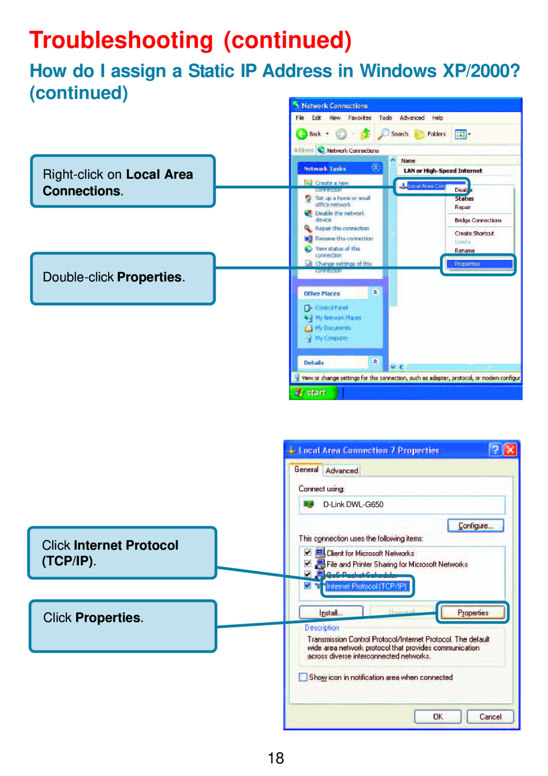 D-Link DWL-G810 manual Troubleshooting, How do I assign a Static IP Address in Windows XP/2000?, Connections 