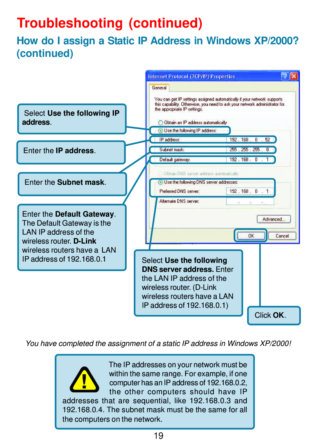 D-Link DWL-G810 manual Select Use the following IP address 