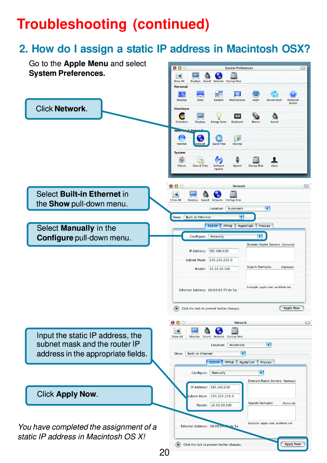 D-Link DWL-G810 manual How do I assign a static IP address in Macintosh OSX?, System Preferences, Click Apply Now 