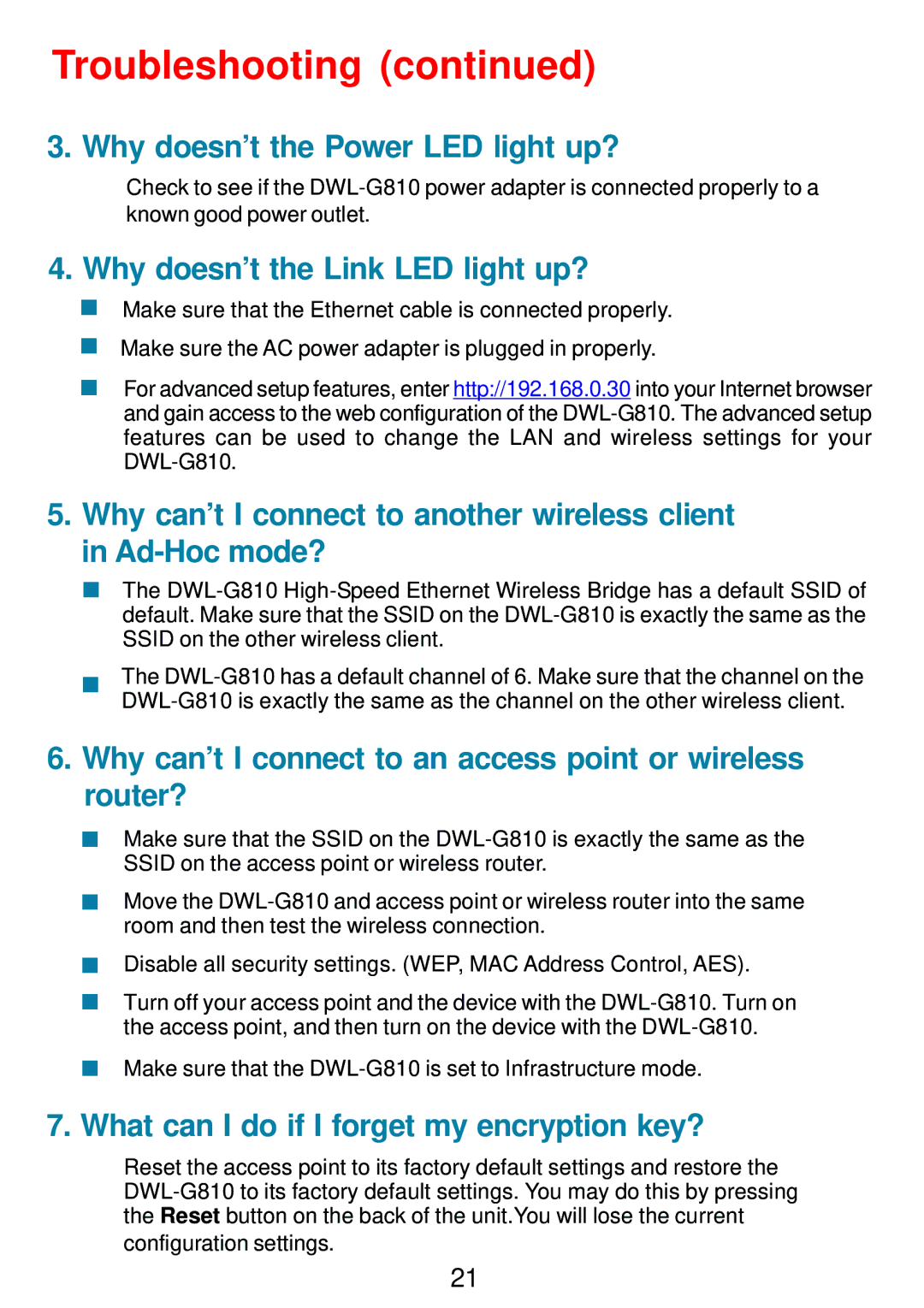 D-Link DWL-G810 manual Why doesn’t the Power LED light up?, Why doesn’t the Link LED light up? 