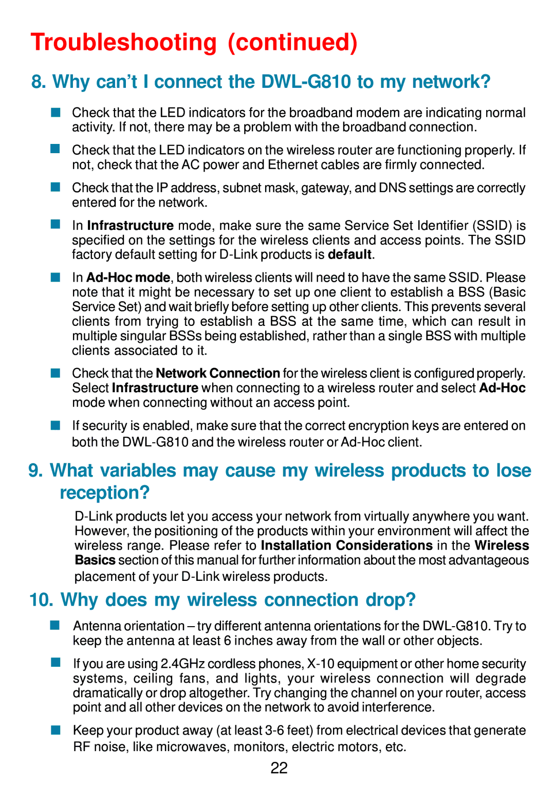 D-Link manual Why can’t I connect the DWL-G810 to my network?, Why does my wireless connection drop? 