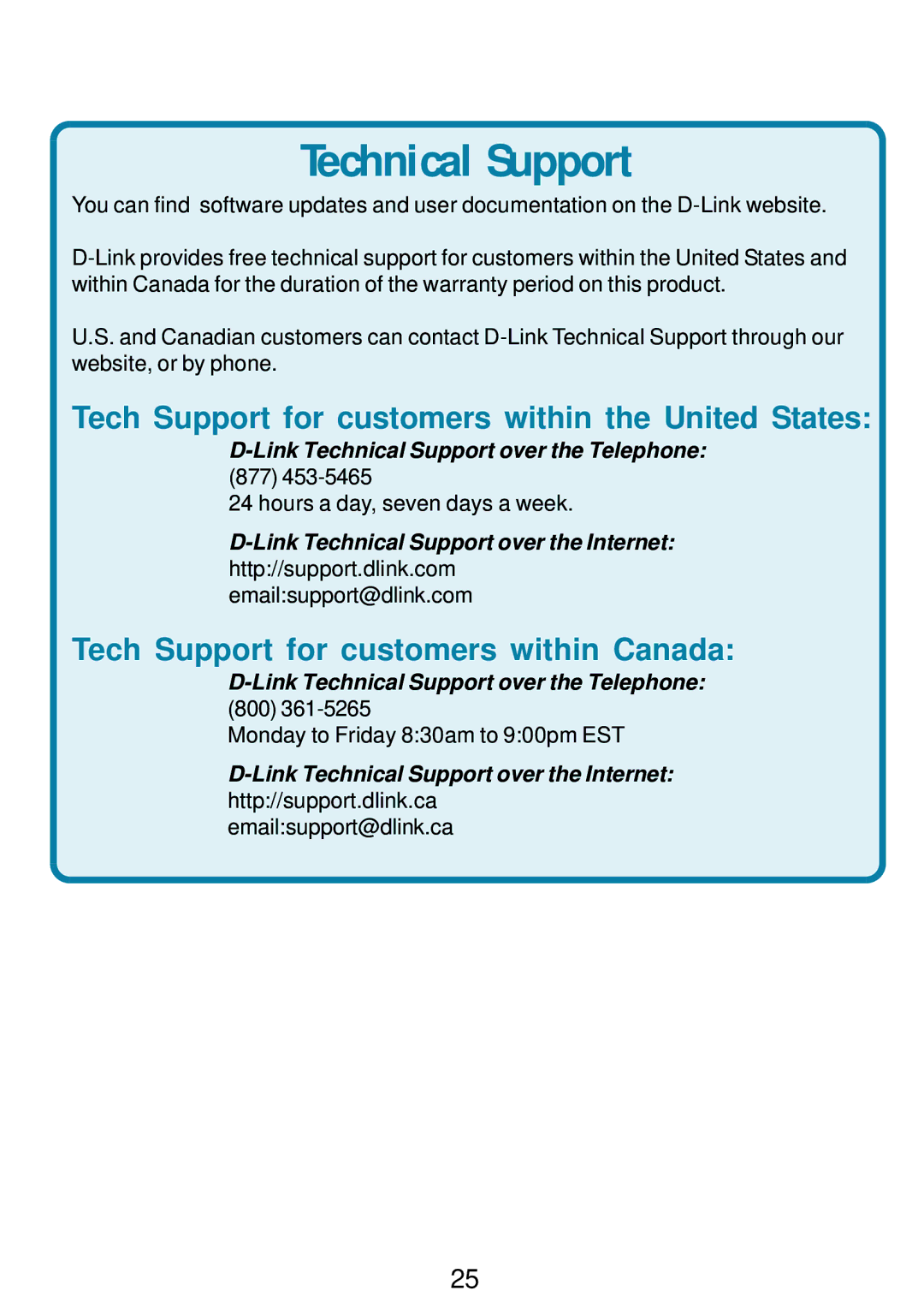 D-Link DWL-G810 manual Tech Support for customers within the United States, Tech Support for customers within Canada 