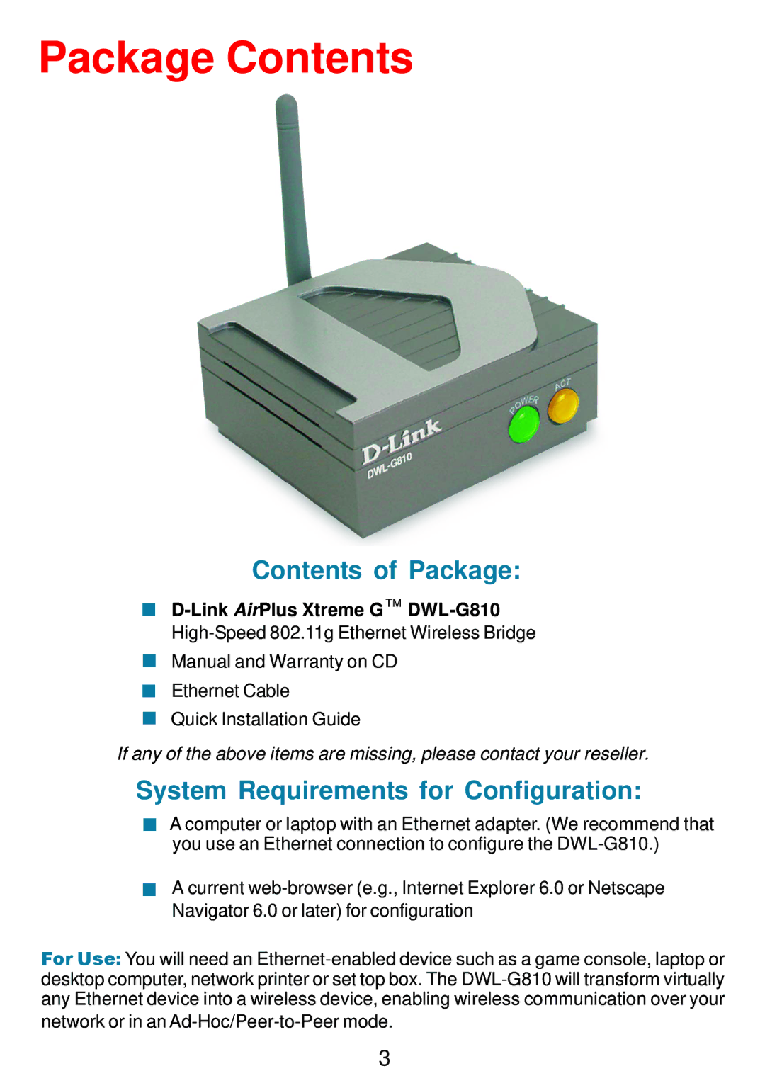 D-Link DWL-G810 manual Package Contents 