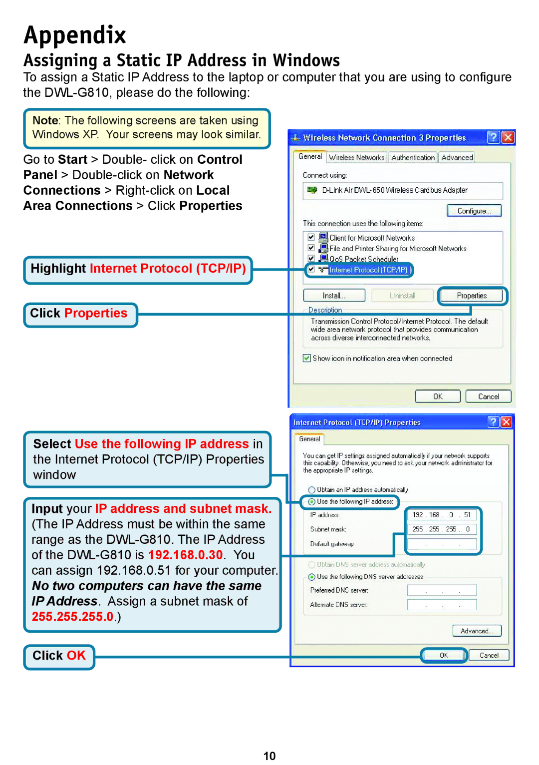 D-Link DWL-G810D-Link warranty Assigning a Static IP Address in Windows 