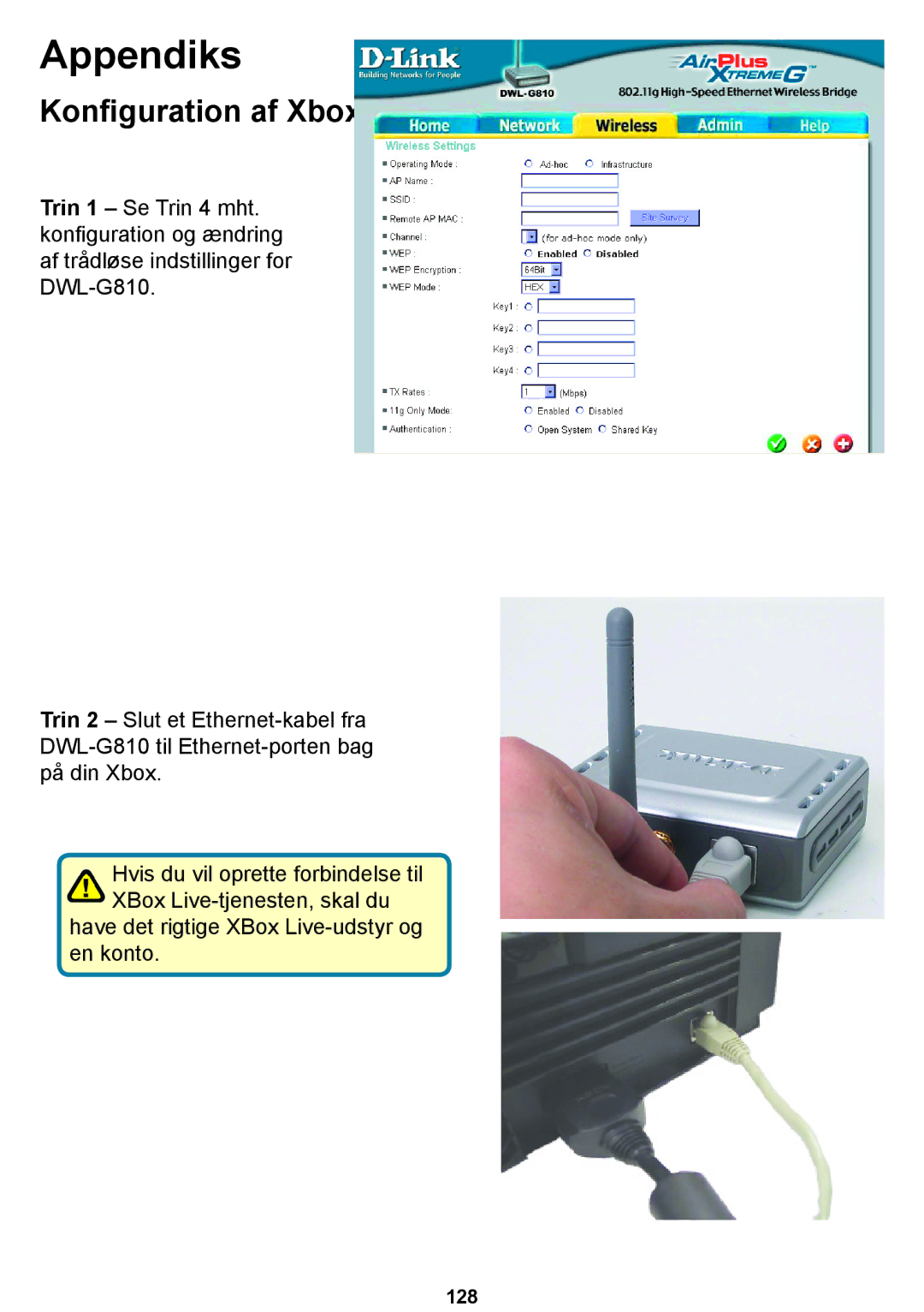 D-Link DWL-G810D-Link warranty Appendiks, Konﬁguration af Xbox 