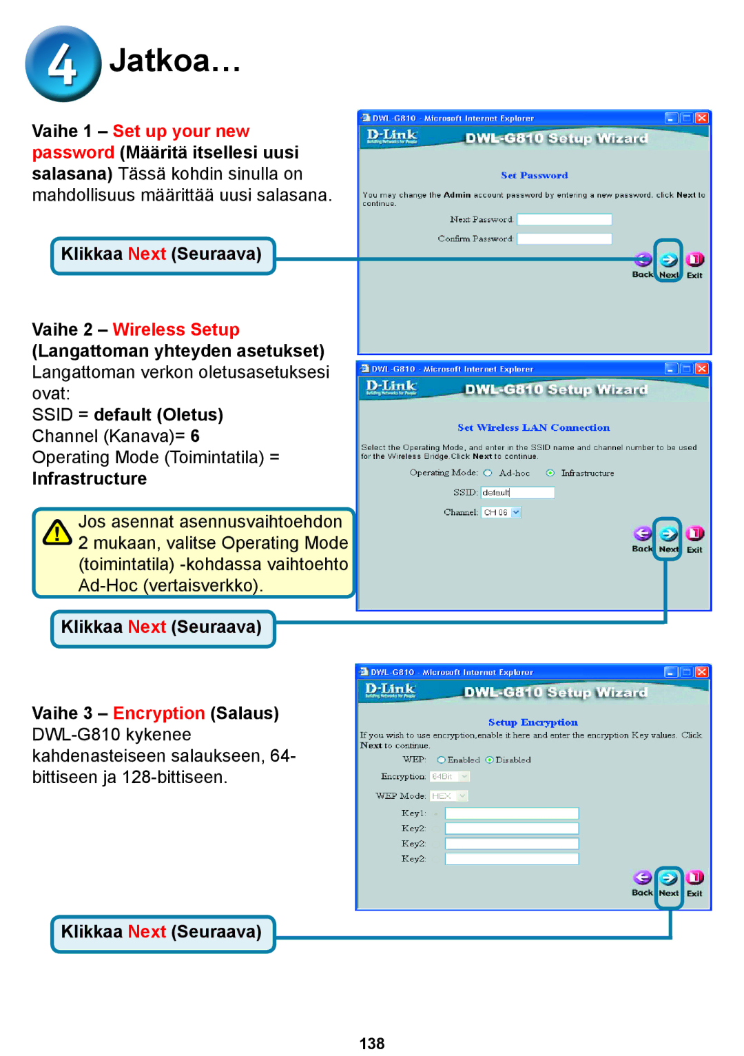 D-Link DWL-G810D-Link warranty Vaihe 2 Wireless Setup Langattoman yhteyden asetukset 