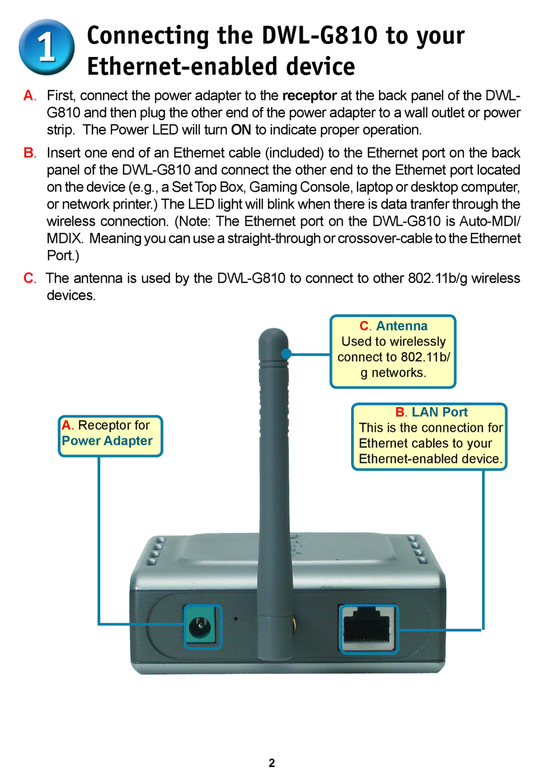 D-Link DWL-G810D-Link warranty Connecting the DWL-G810 to your Ethernet-enabled device 