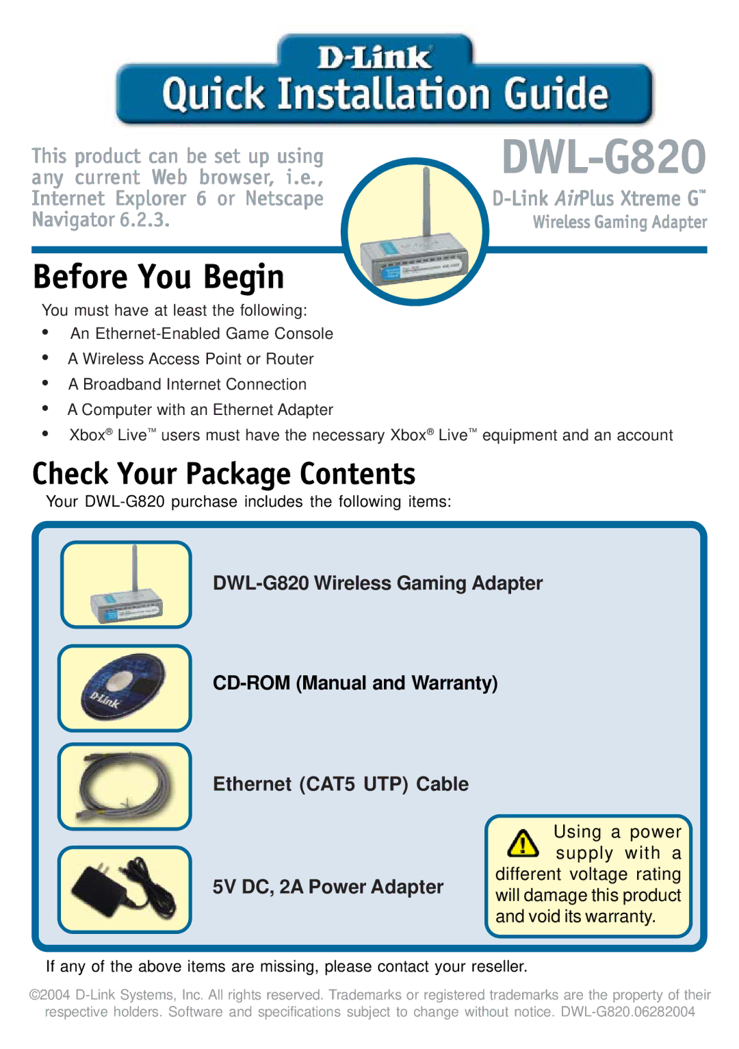 D-Link DWL-G820 specifications Before You Begin 