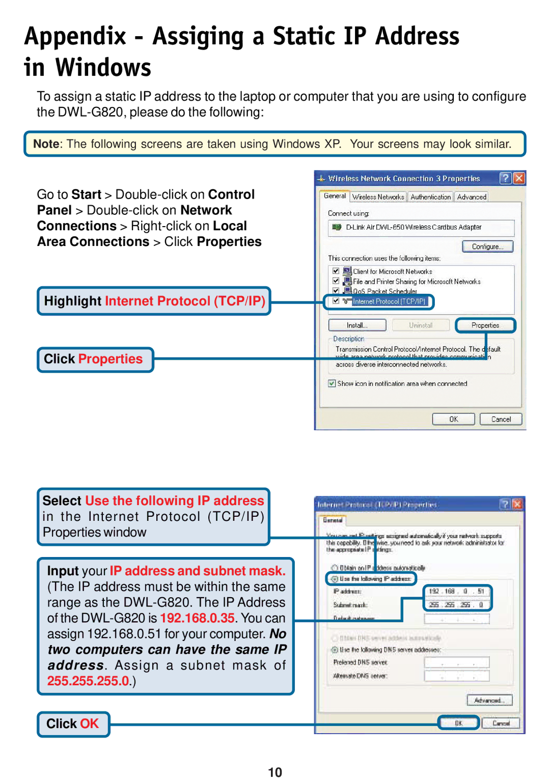 D-Link DWL-G820 specifications Appendix Assiging a Static IP Address in Windows 