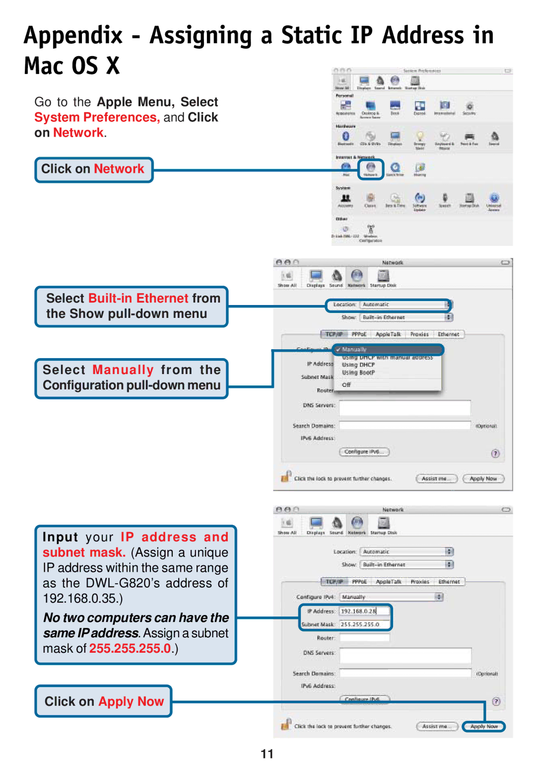 D-Link DWL-G820 specifications Appendix Assigning a Static IP Address in Mac OS 