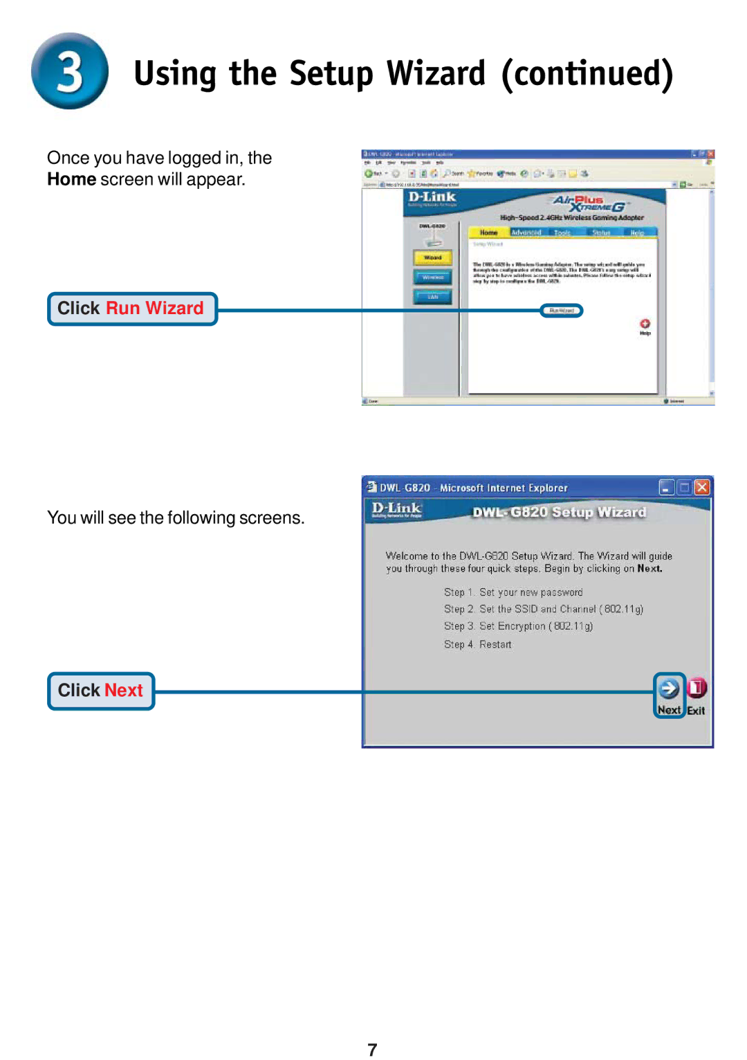 D-Link DWL-G820 specifications Click Run Wizard 